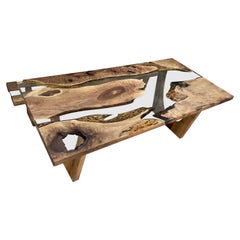 Farmhouse Style Transparent Epoxy Walnut Solid Wood Dining Table in Stock