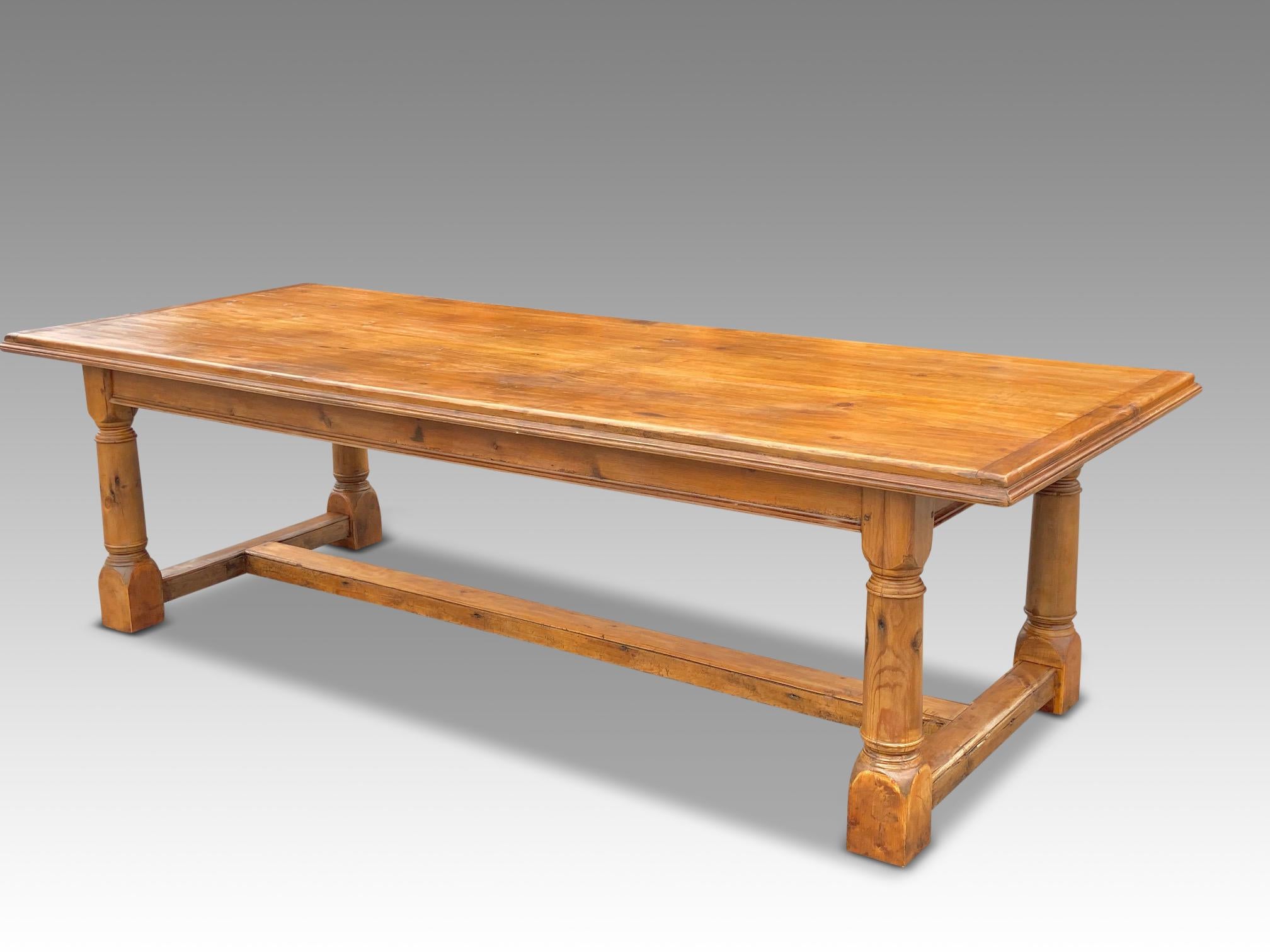 Superb English antique pine farmhouse dining table, circa 1880.
This delightful family dining table is a generous size, 108 ins long and 43 ins wide. It is a comfortable 10 seat table. It has been carefully refurbished in our workshop, ensuring