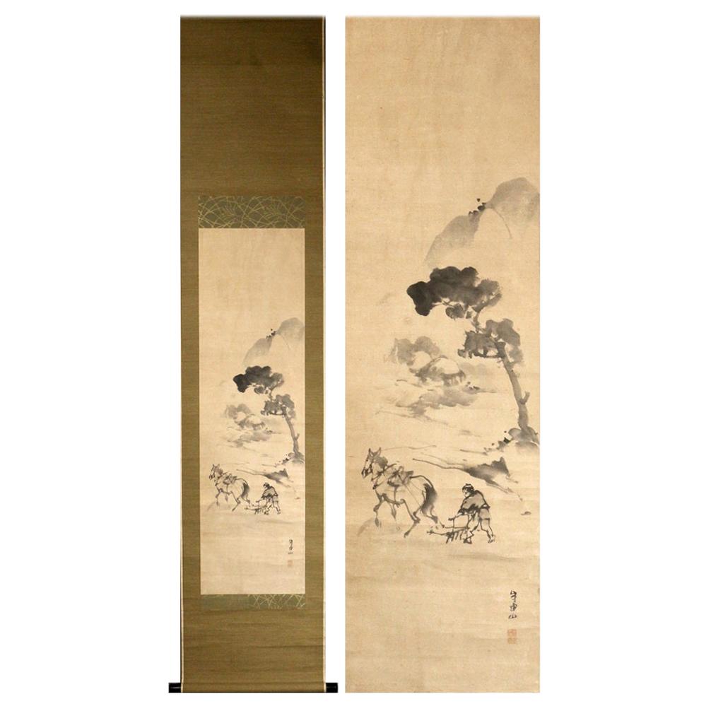 Farming Rice Fields Scene Meiji Period Scroll Japan 19c Artist Marked For Sale