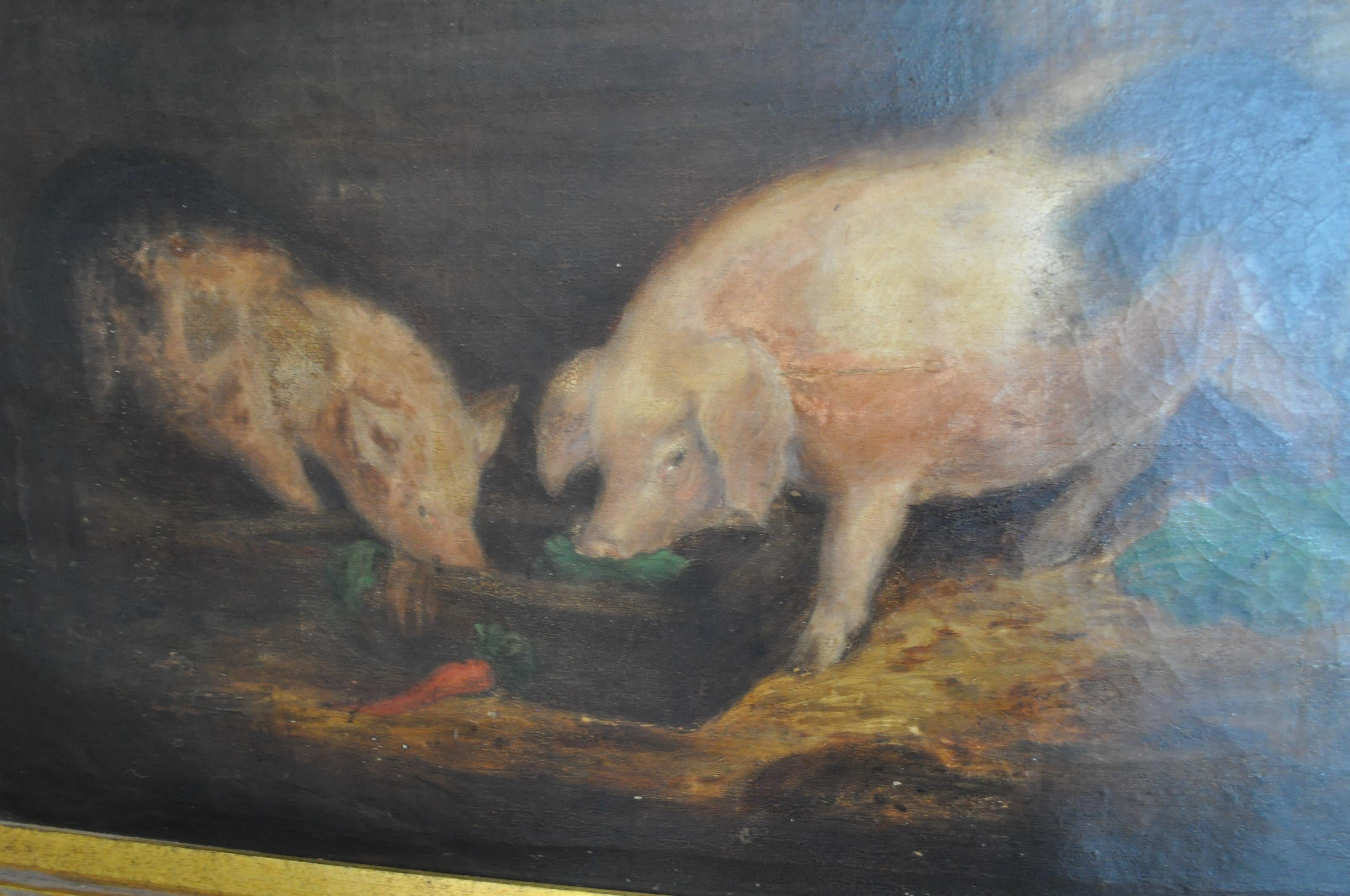 A nice quality 19th century oil on canvas of pigs in a sty being fed by a young lay. A typical romantic view of daily life on a farm, carefully mastered too capture the moment in a way a camera can not. Framed in a later gilt frame, with old labels