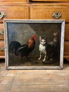Farmyard Scene With Cat, Rooster, Hen And Mouse, French School, Early 19th
