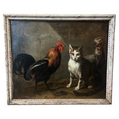 Farmyard Scene With Cat, Rooster, Hen And Mouse, French School, Early 19th
