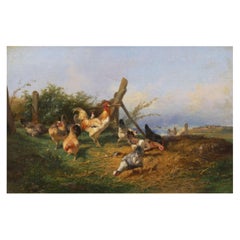 “Farmyard with Poultry” Antique Oil Painting by Emile Lemmens, French, 1821-1867