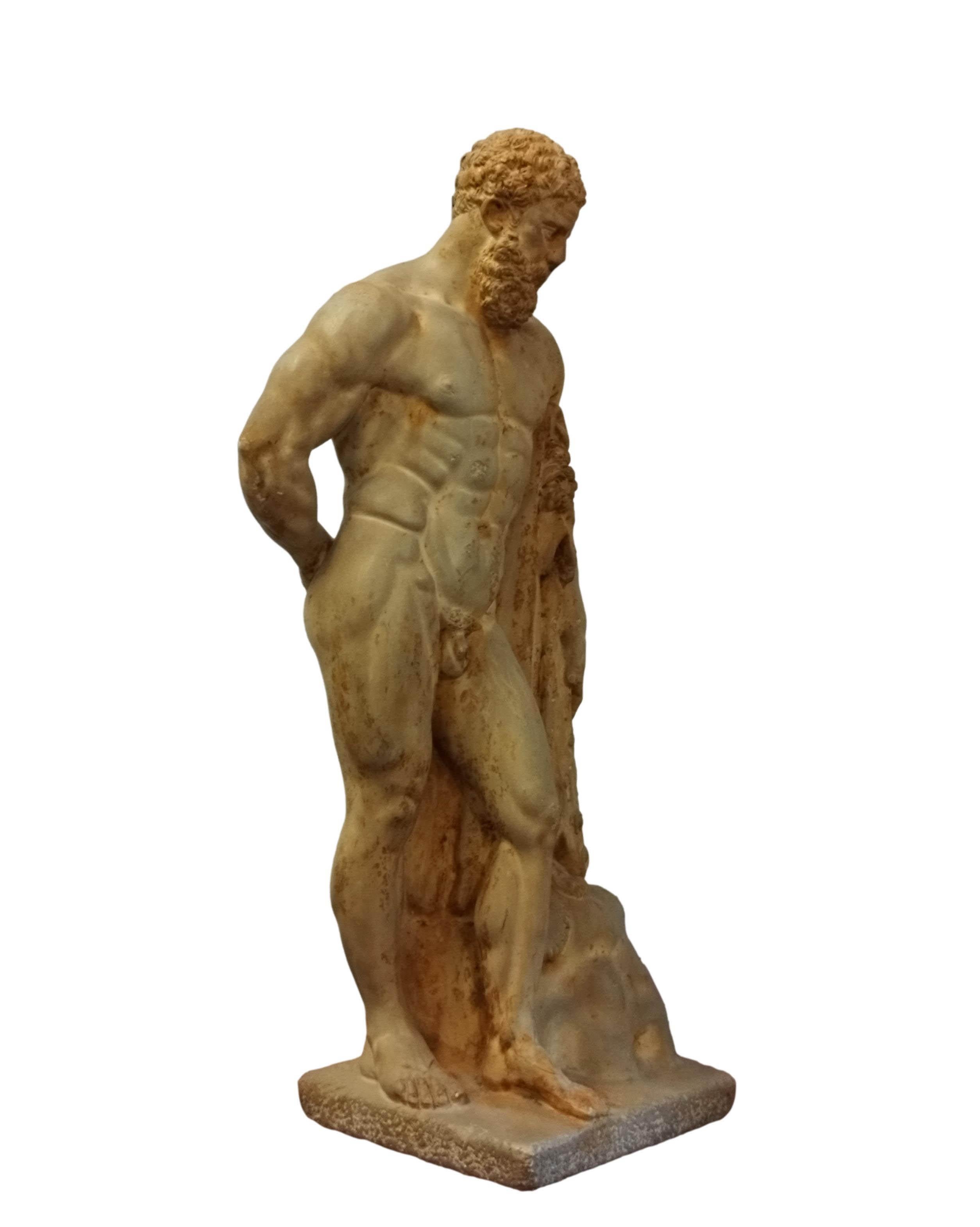 Classical Roman Resin Sculpture Male Hector Farnese

The Hercules Farnese is an enlarged copy made in the early 3rd century.
The enlarged copy was made for the Baths of Caracalla in Rome (dedicated in 216 A.D.), where the statue was recovered in