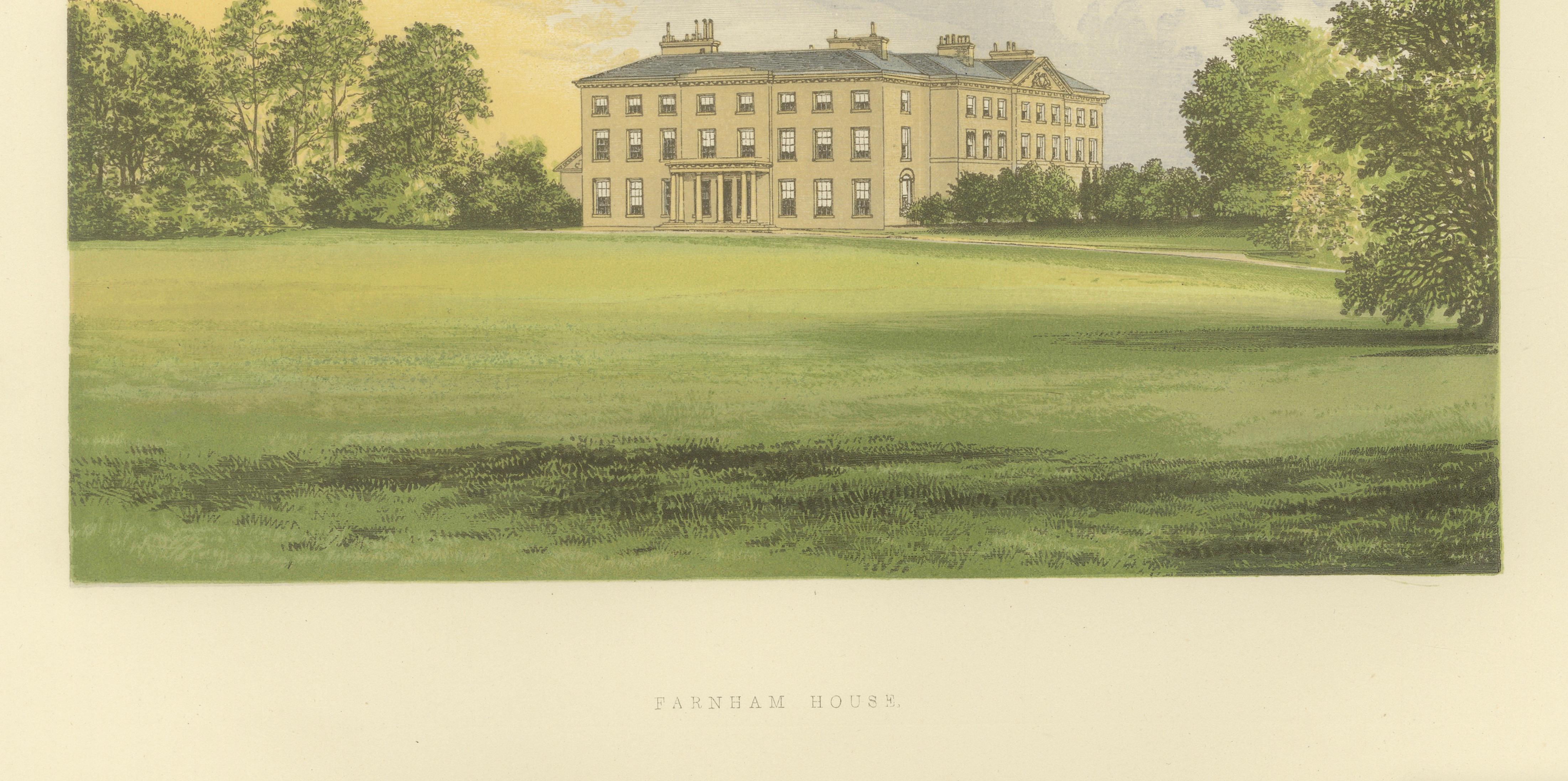 Farnham House Estate View, Georgian Manor Landscape Engraving, c1850
