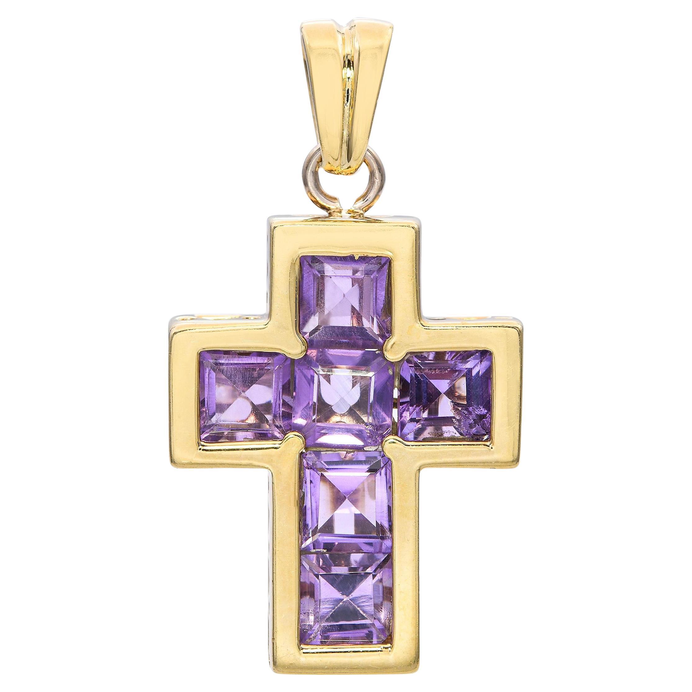 Faro 14k Yellow Gold 3.27tcw Amethyst Cross Pendant