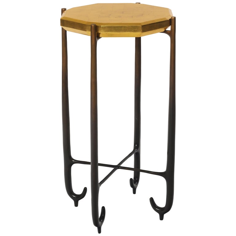 Faroh Side Table Display Stand in Cast Bronze and Gold leaf by Elan