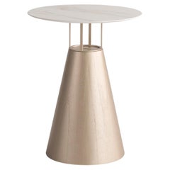"Farol" Side Table Cone Base in Golden Wood Laminate Top in Laminatto Calacata