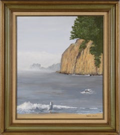 "Sea Cliff" Paesaggio marino di scogliera costiera in stile Mid Century Modern in acrilico su masonite
