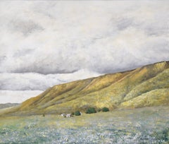 „Spring Hills“ Moderne Bauernhaus-Landschaft aus Acryl auf Masonit, Mid-Century Modern