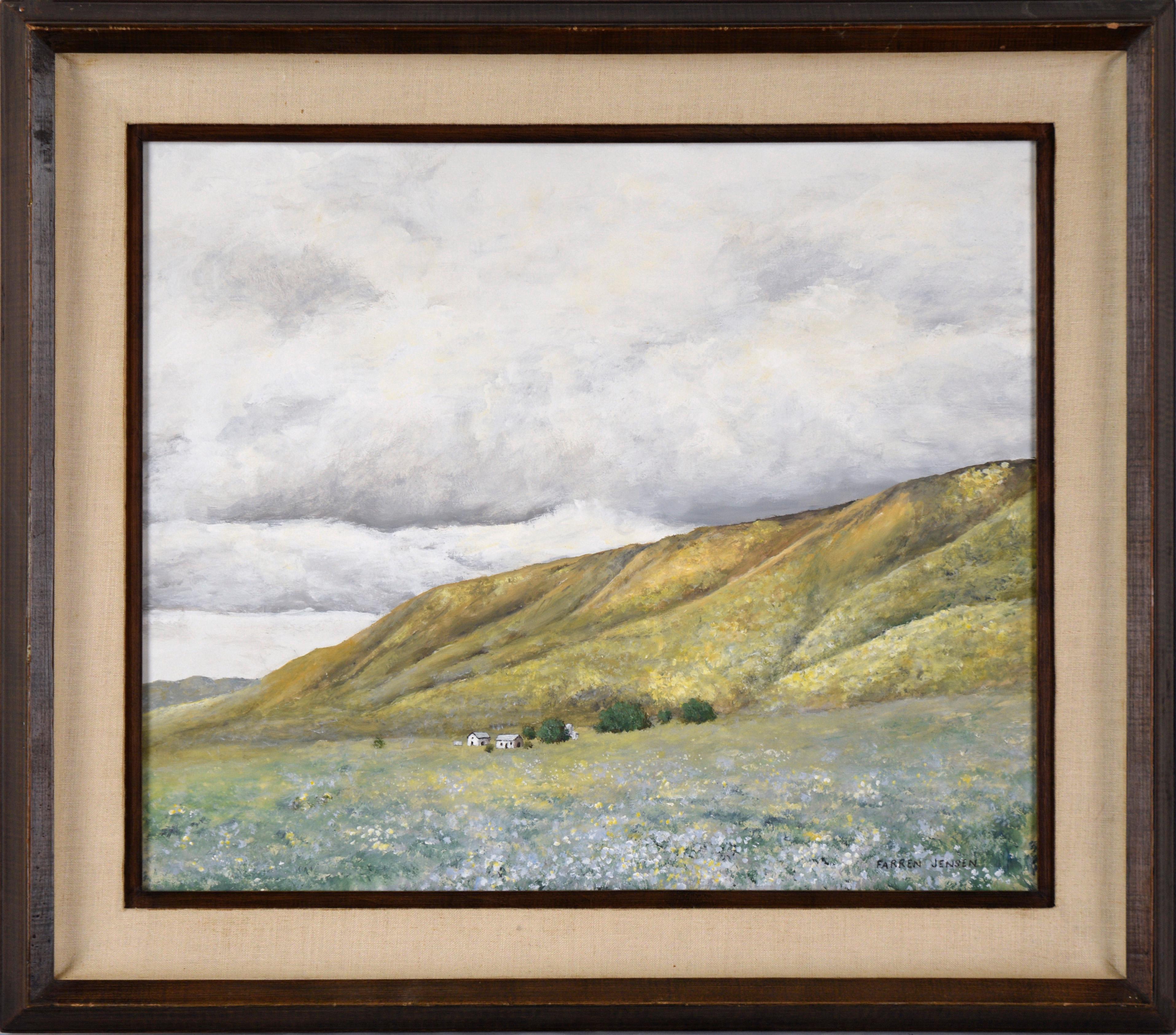 "Spring Hills" Paesaggio di fattoria moderna del Medioevo in acrilico su masonite