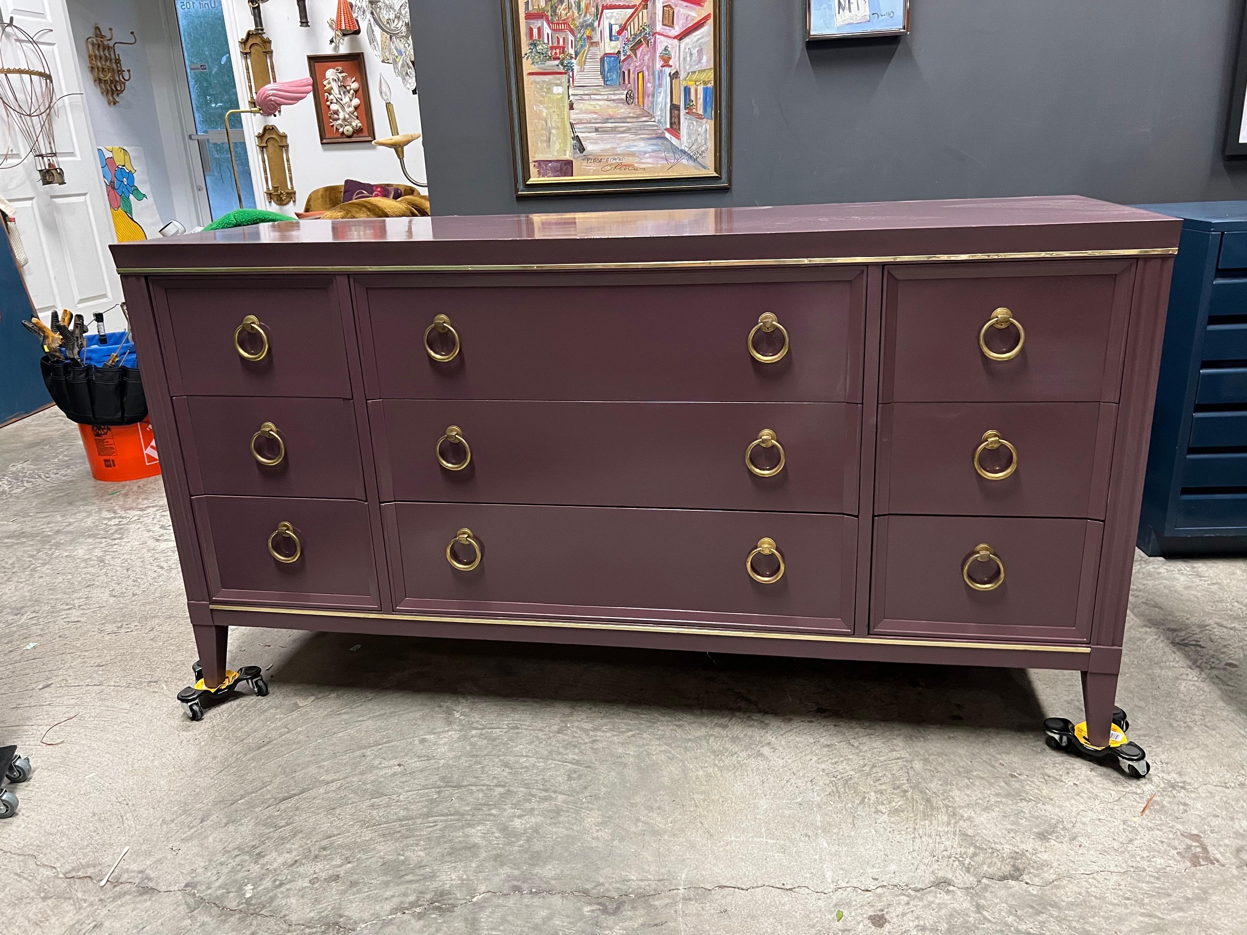 Farrow and Ball “Brinjal” Gloss Lacquered Drexel 9 Drawer Dresser 7