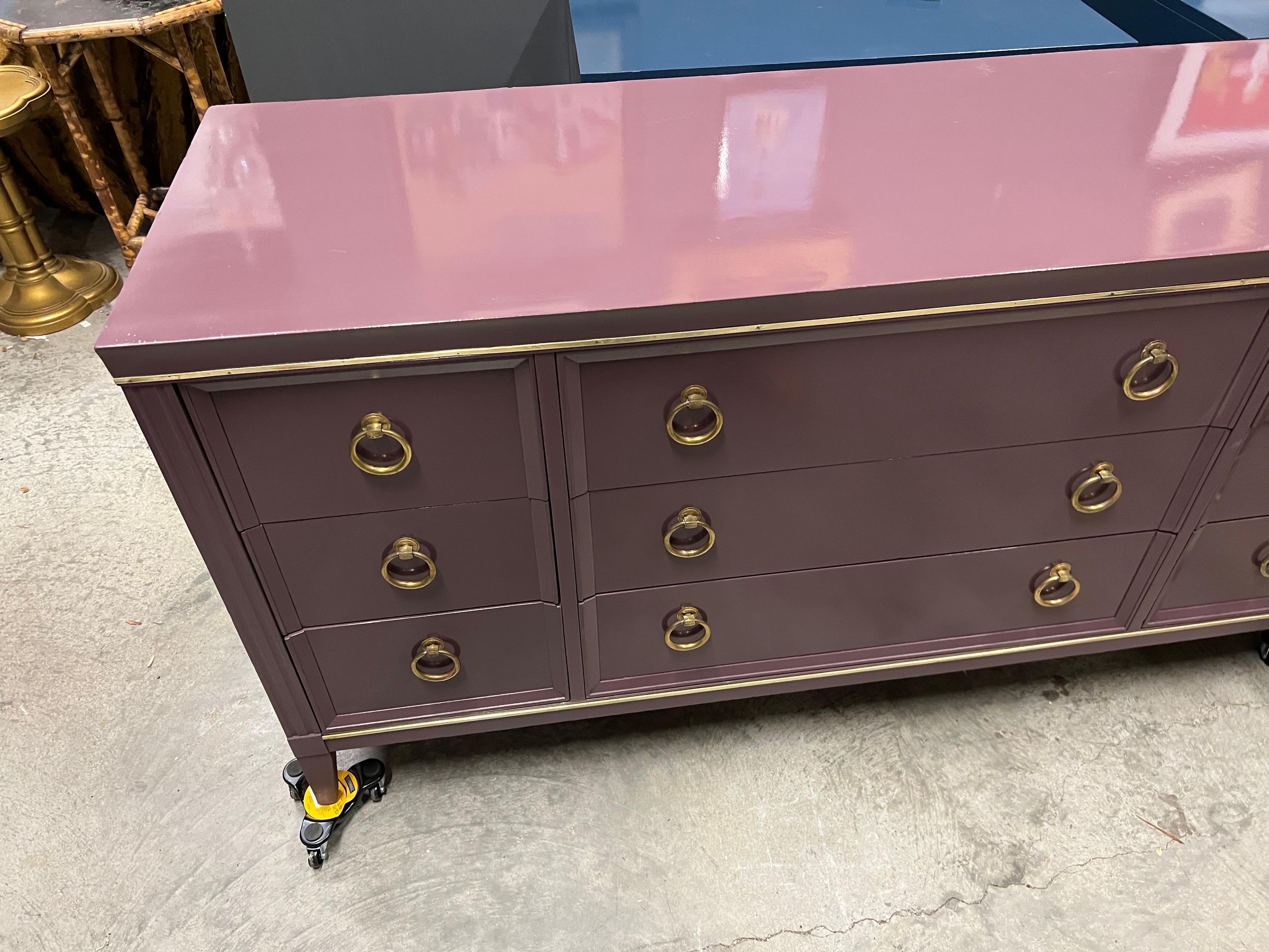 Brinjal by Farrow and Ball “This glamorous tone takes its name from the beautiful shiny skin of the aubergine or eggplant.”   This  spacious dresser from Drexel’s “Interlude” collection.  A mid-20th century Drexel 9 drawer dresser, features a