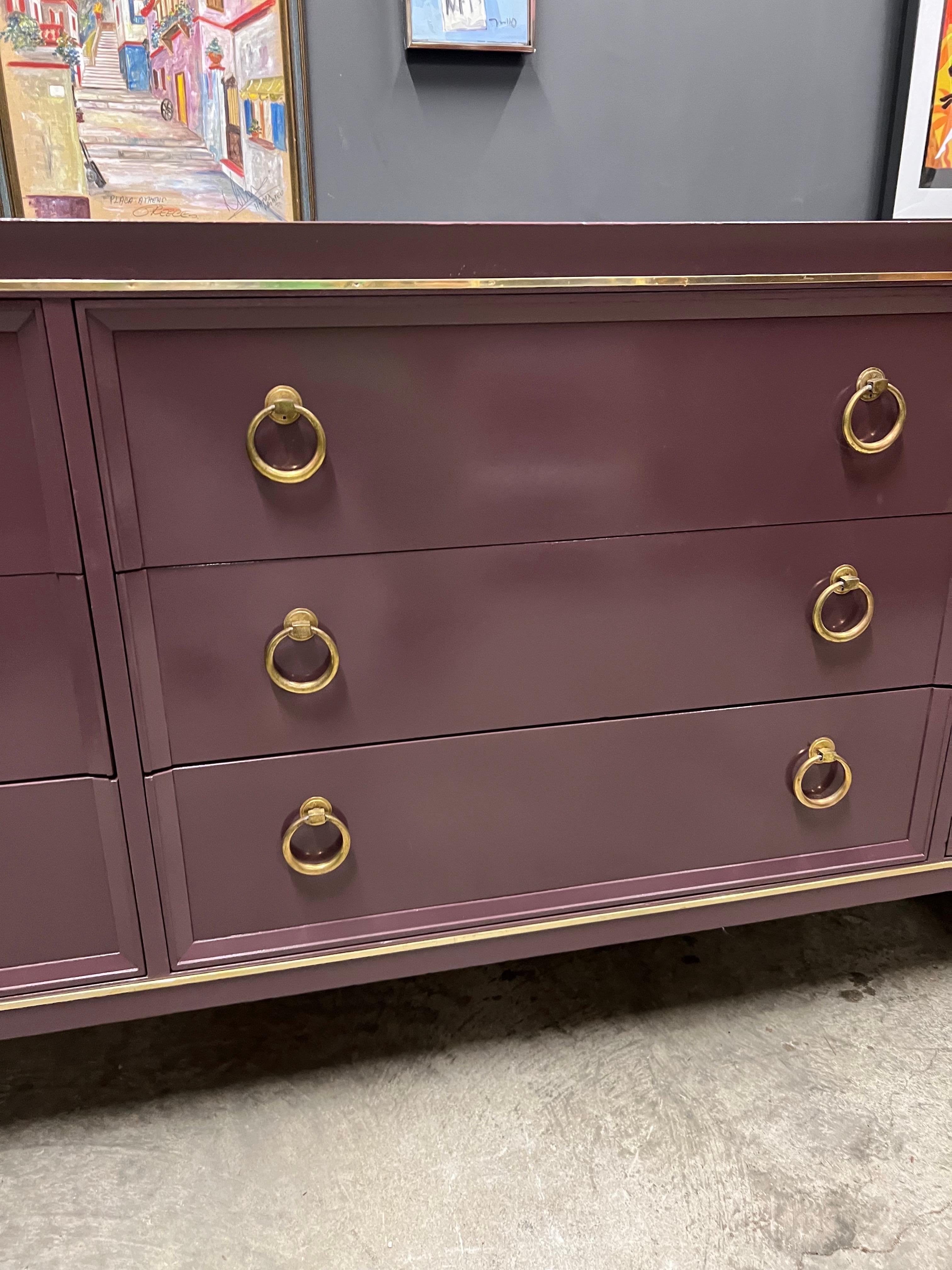 Mid-Century Modern Farrow and Ball “Brinjal” Gloss Lacquered Drexel 9 Drawer Dresser