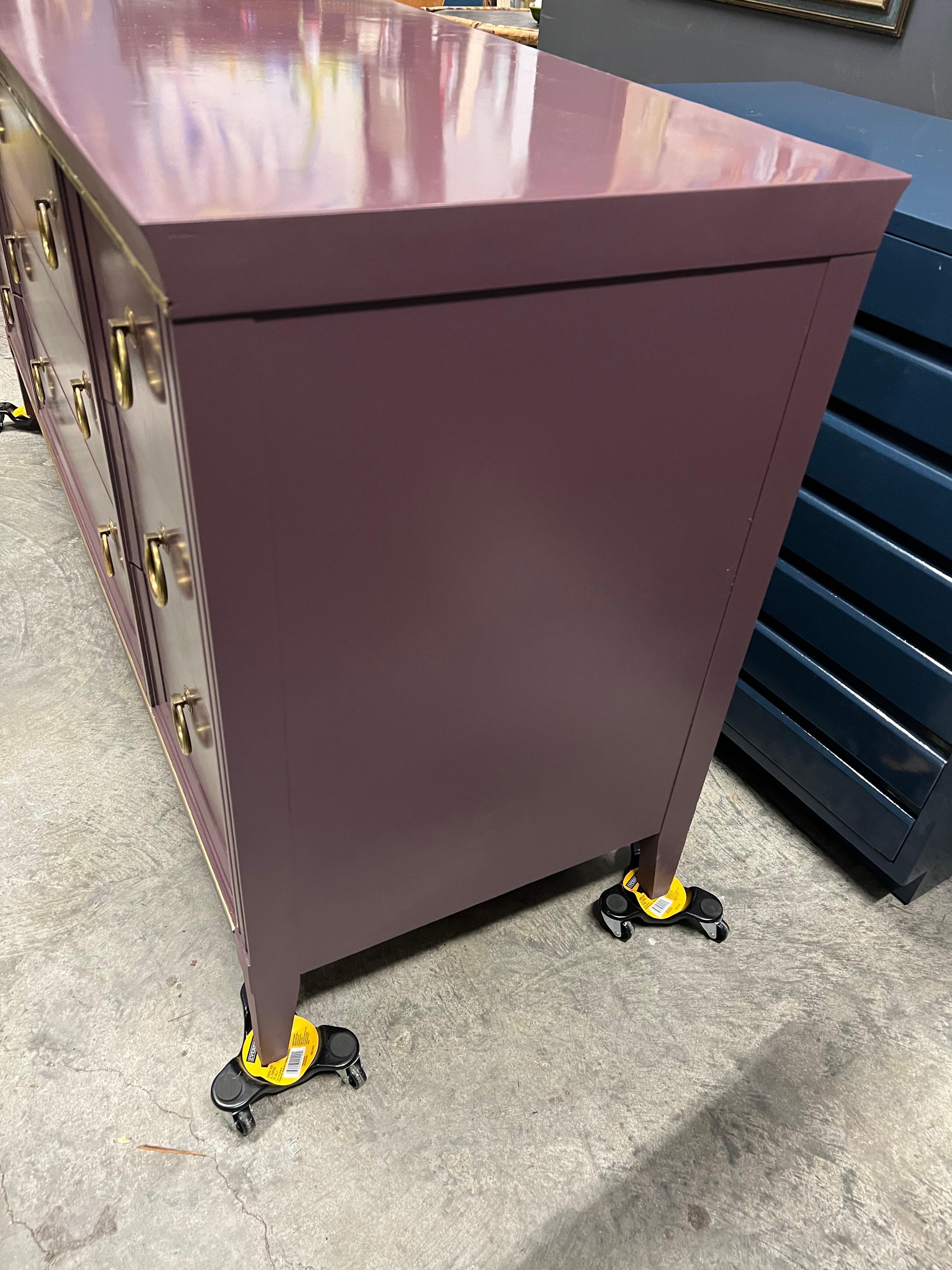 Brass Farrow and Ball “Brinjal” Gloss Lacquered Drexel 9 Drawer Dresser
