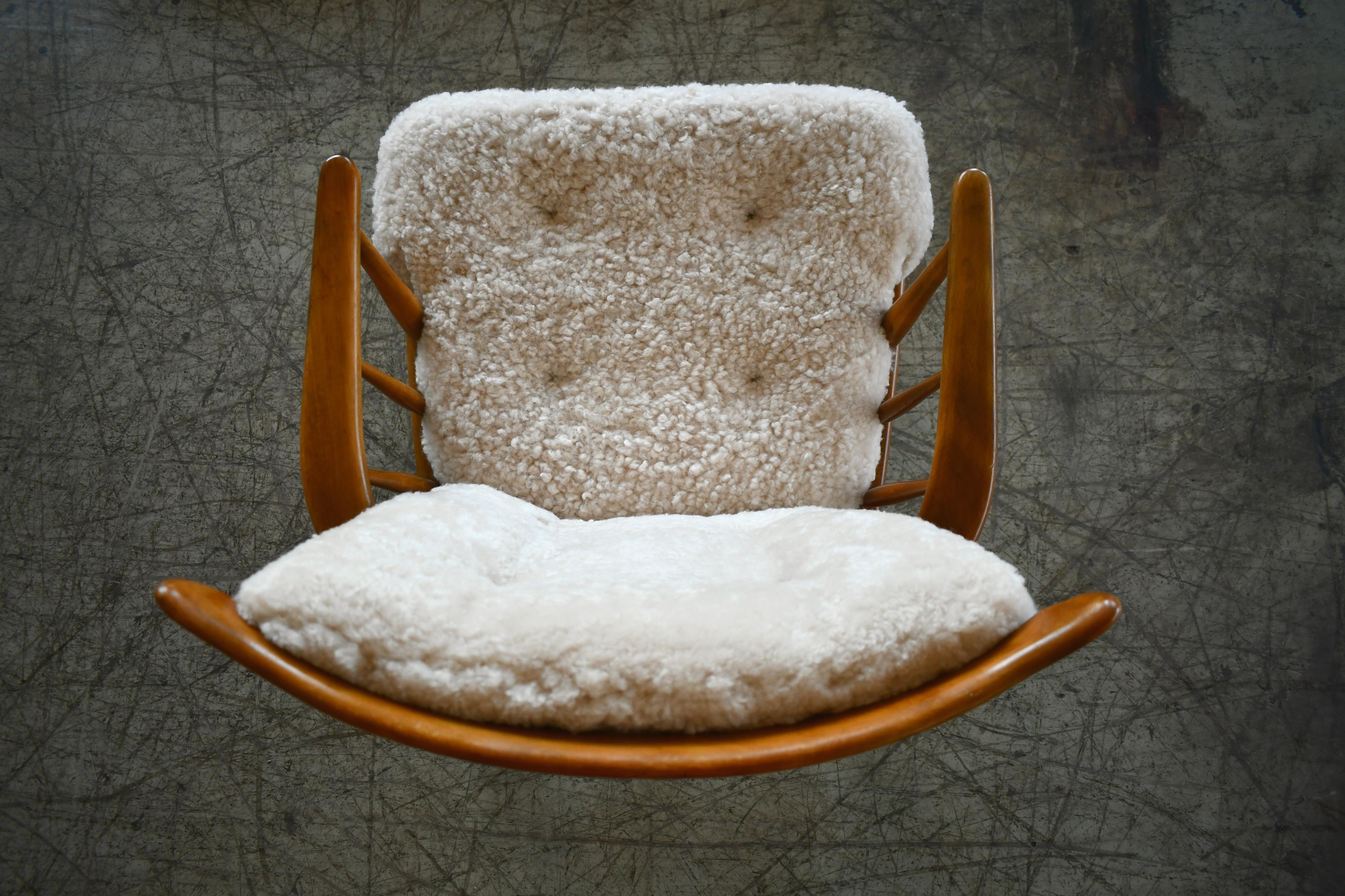 Farstrup 1950s Low Spindle Back Rocking Chair with Shearling Cushions 2