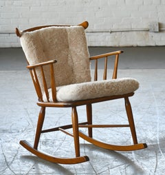Farstrup 1950s Low Spindle Back Rocking Chair with Shearling Cushions