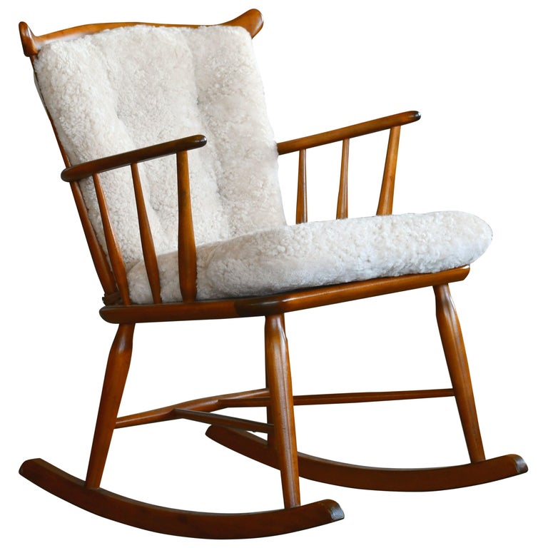 Farstrup 1950s Low Spindle Back Rocking Chair with Shearling Cushions ...