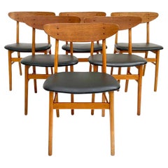 Farstrup Set Of 6 Teak & Beech Black Vinyl Model 210 Dining Chairs