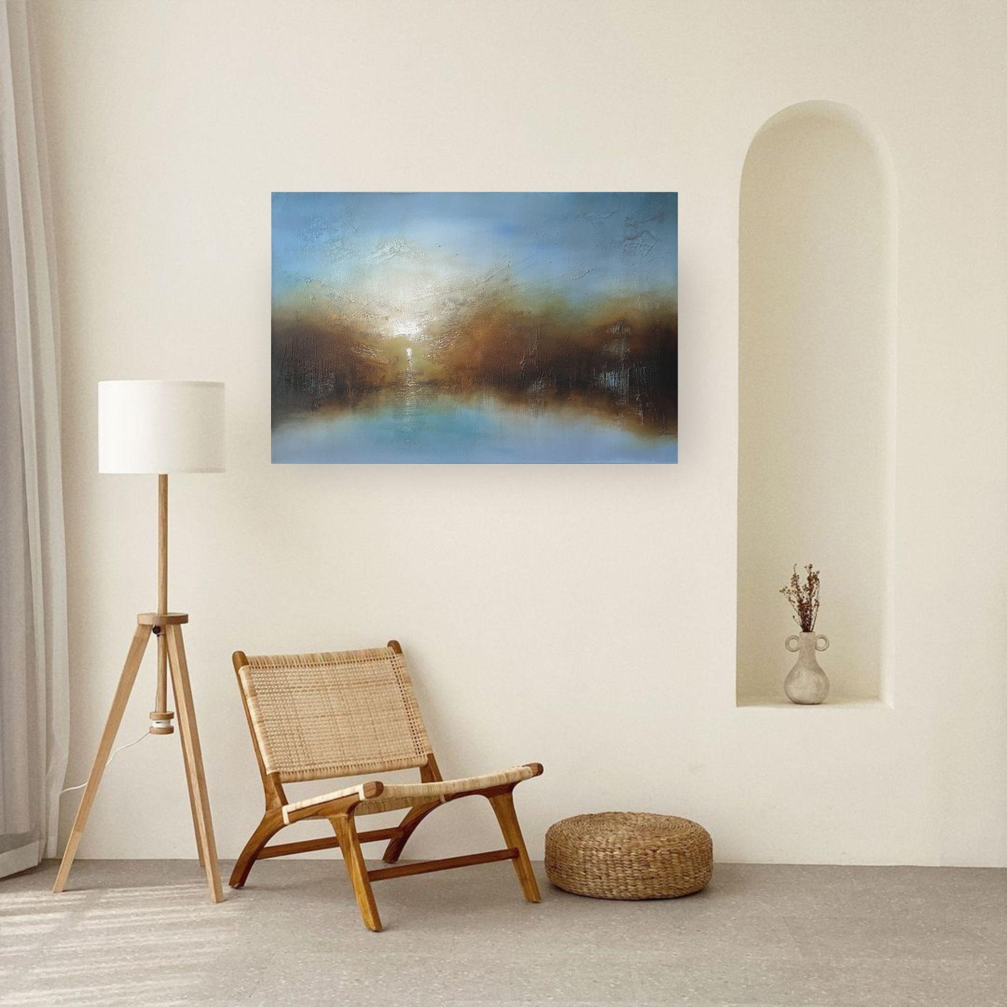 Claro-original abstracto lago puesta de sol paisaje pintura-obra de arte-arte contemporáneo - Painting de Faryal Ahmad