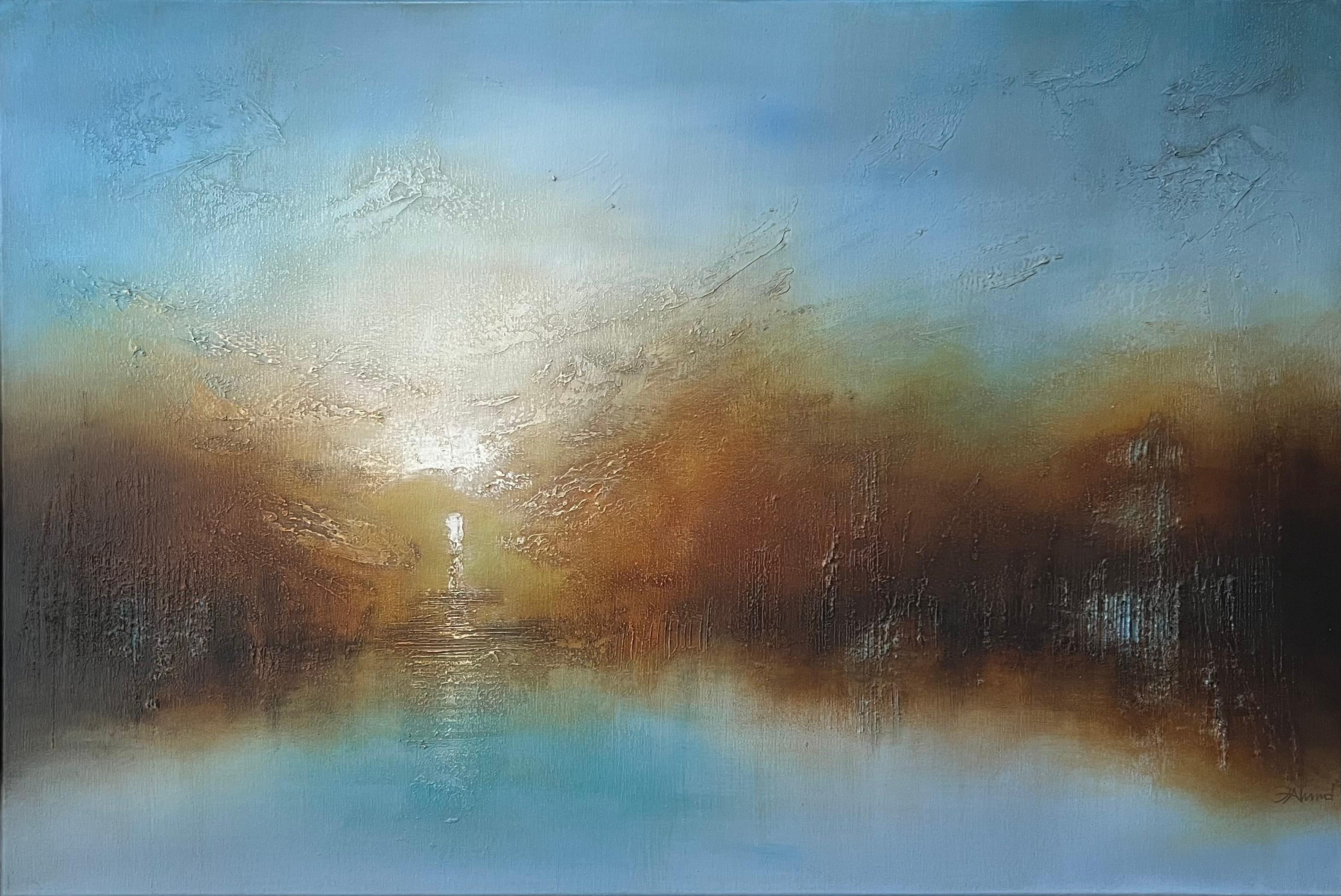 Faryal Ahmad Landscape Painting - Clear-original abstract sunset lake landscape painting-artwork-contemporary Art