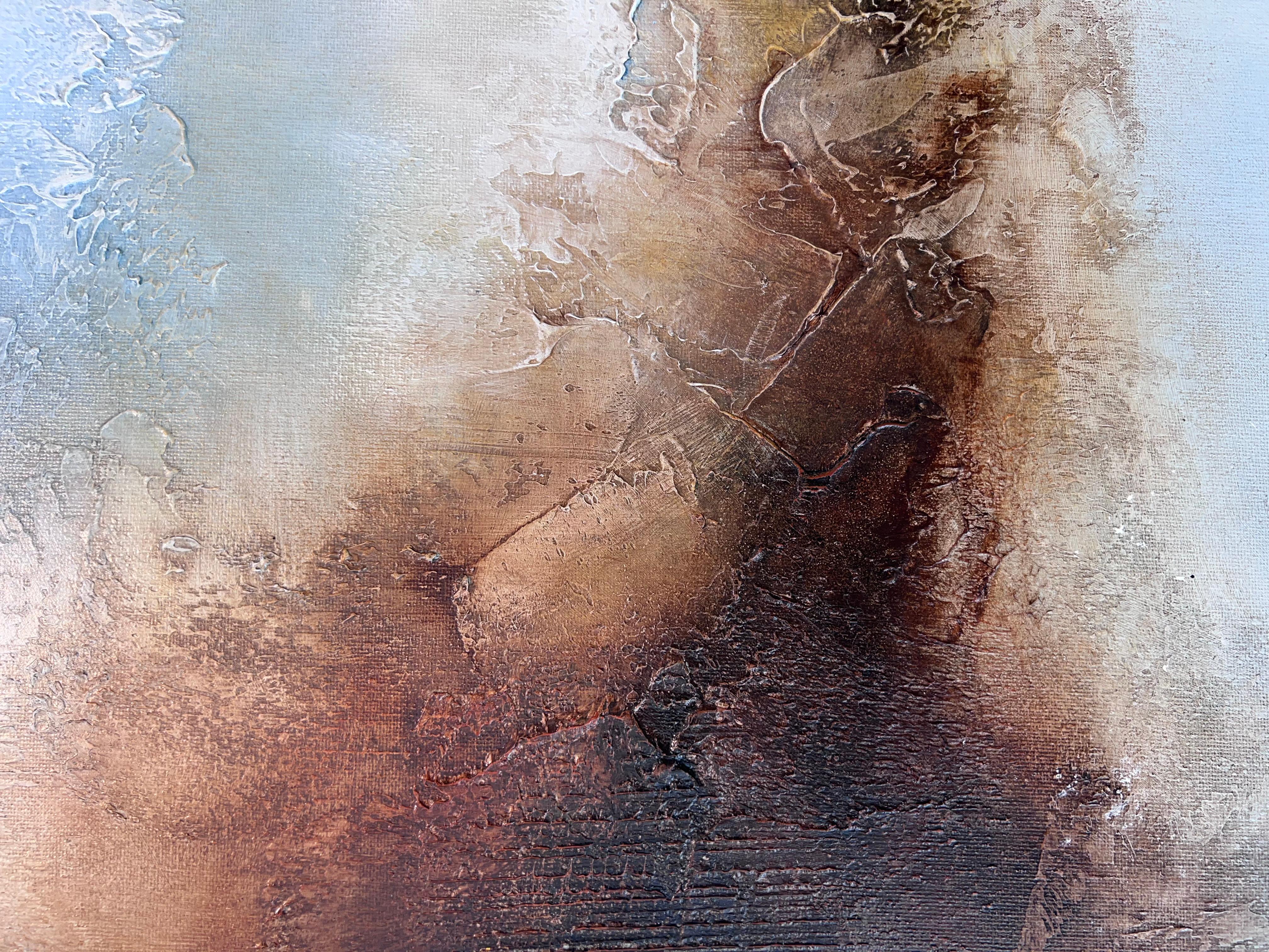 In the Shadows-pittura originale di paesaggio lacustre al tramonto-opera d'arte-contemporanea - Landscape Painting Grigio di Faryal Ahmad
