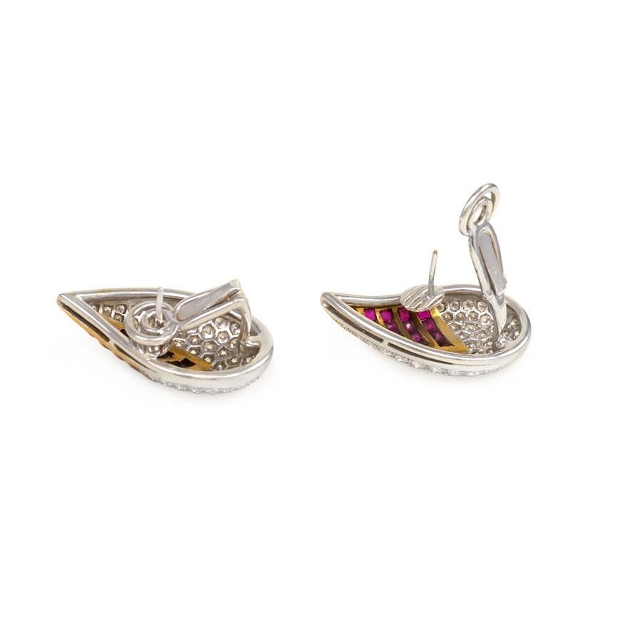 Contemporary Fasano Estate Diamond and Calibre Ruby Clip Earrings of Stylized Leaf Design