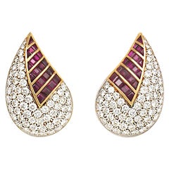Fasano Diamond and Calibre Ruby Clip Earrings of Stylized Leaf Design