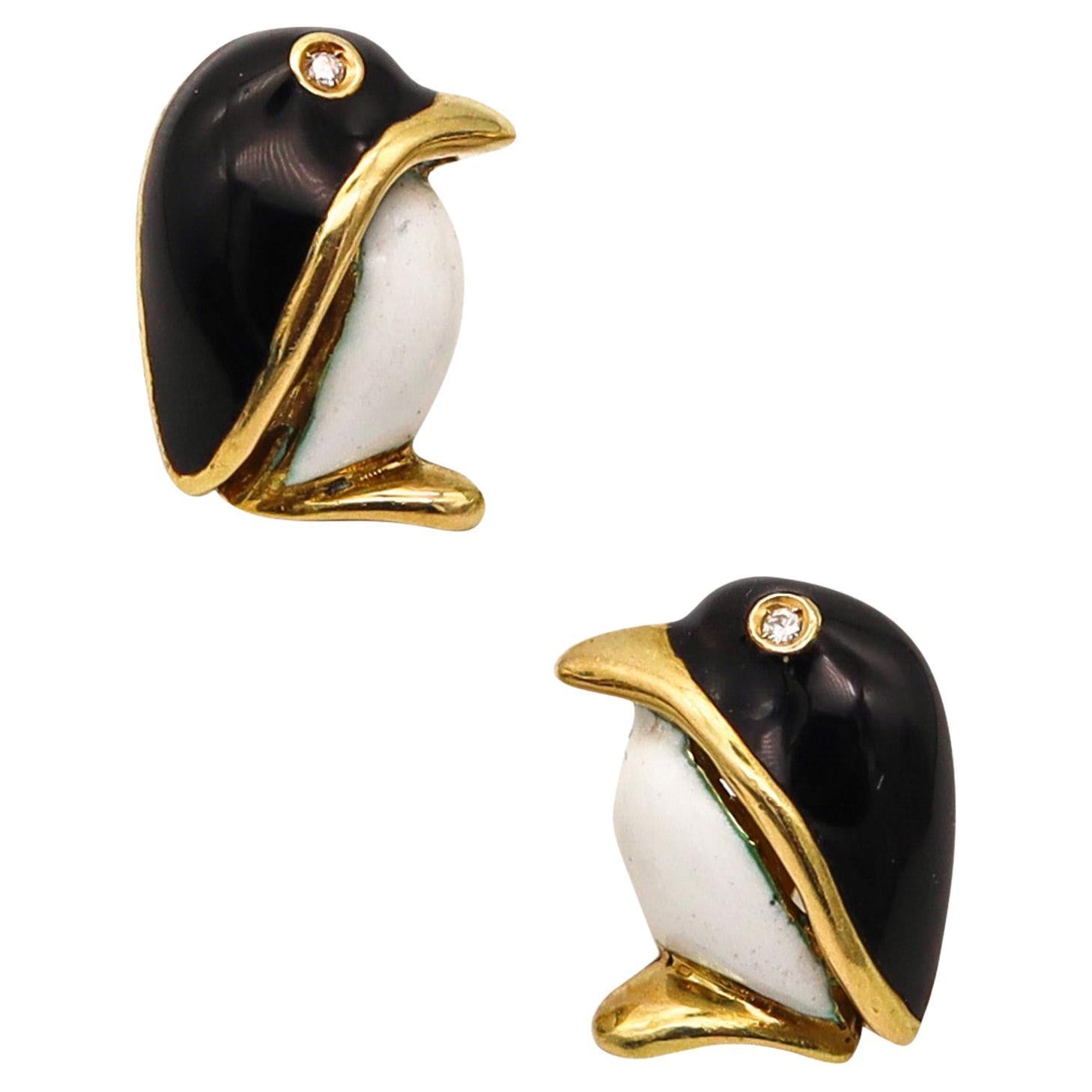 FASANO Enameled Pinguins Stud Earrings In 18Kt Yellow Gold With Diamonds For Sale