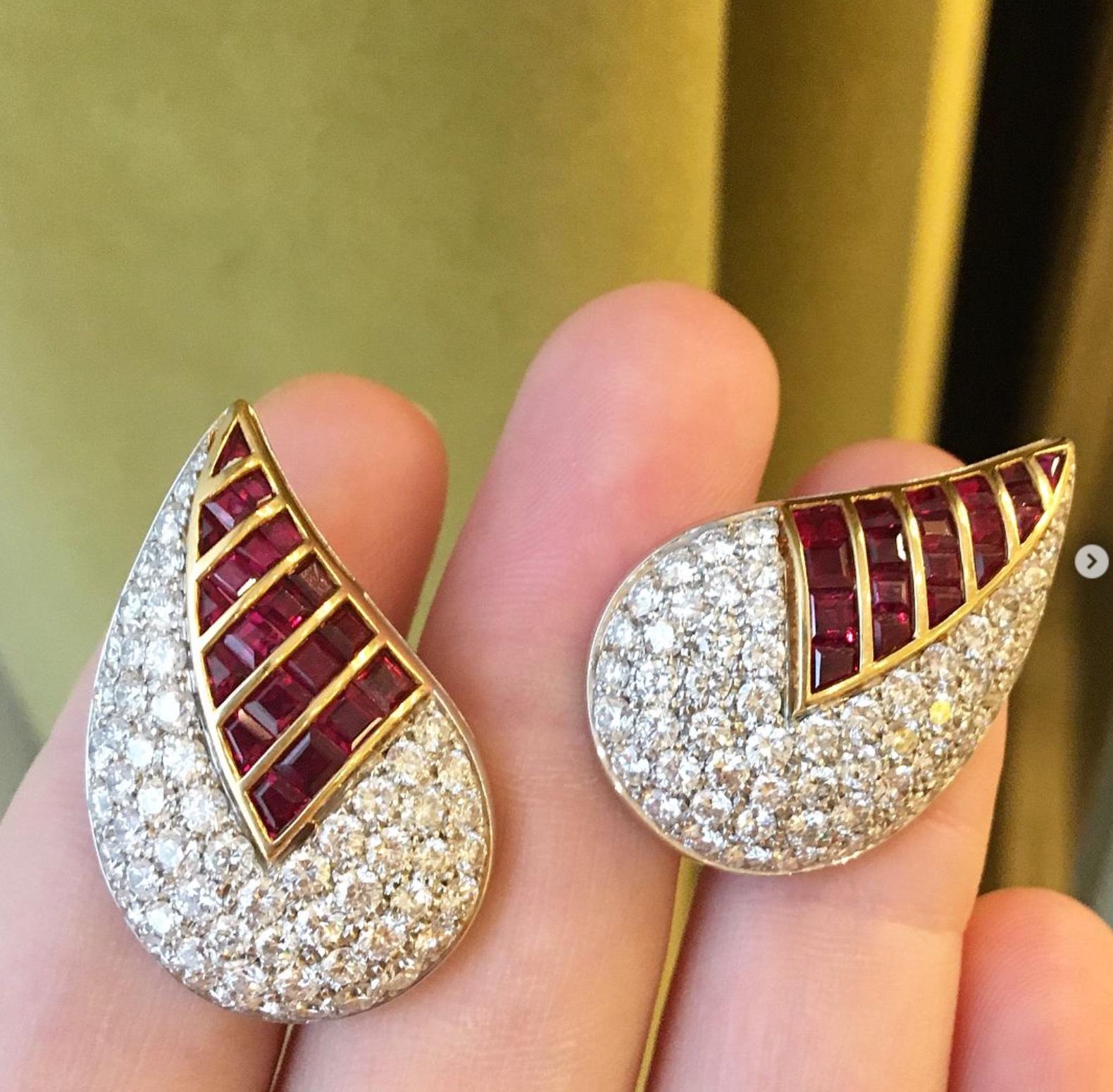 Fasano Estate Diamond and Calibre Ruby Clip Earrings of Stylized Leaf Design In Good Condition In New York, NY