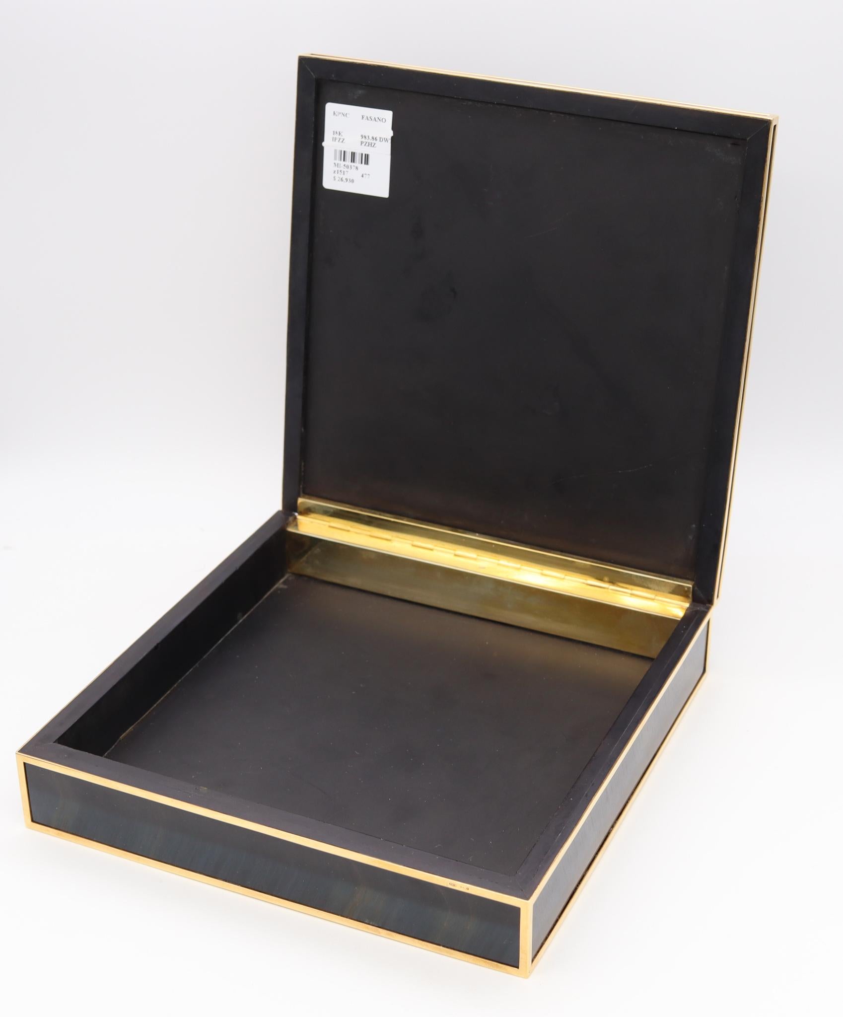 Italian Fasano Torino Luxury Desk Box in 18kt Yellow Gold with Rare Blue Hawk Eye Quartz For Sale