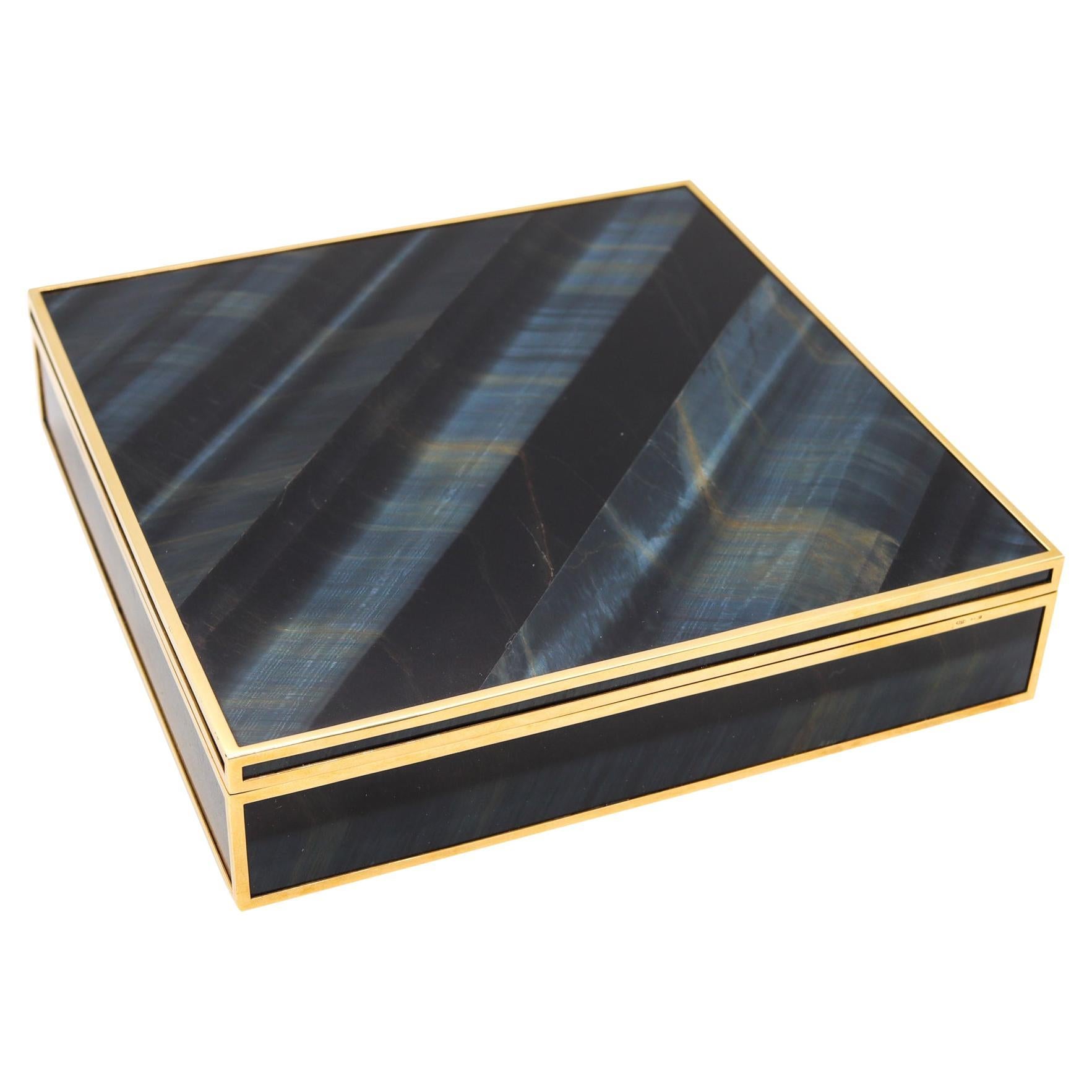 Boîte de bureau de luxe Fasano Torino en or jaune 18 carats avec quartz bleu œil d' Hawk Eye