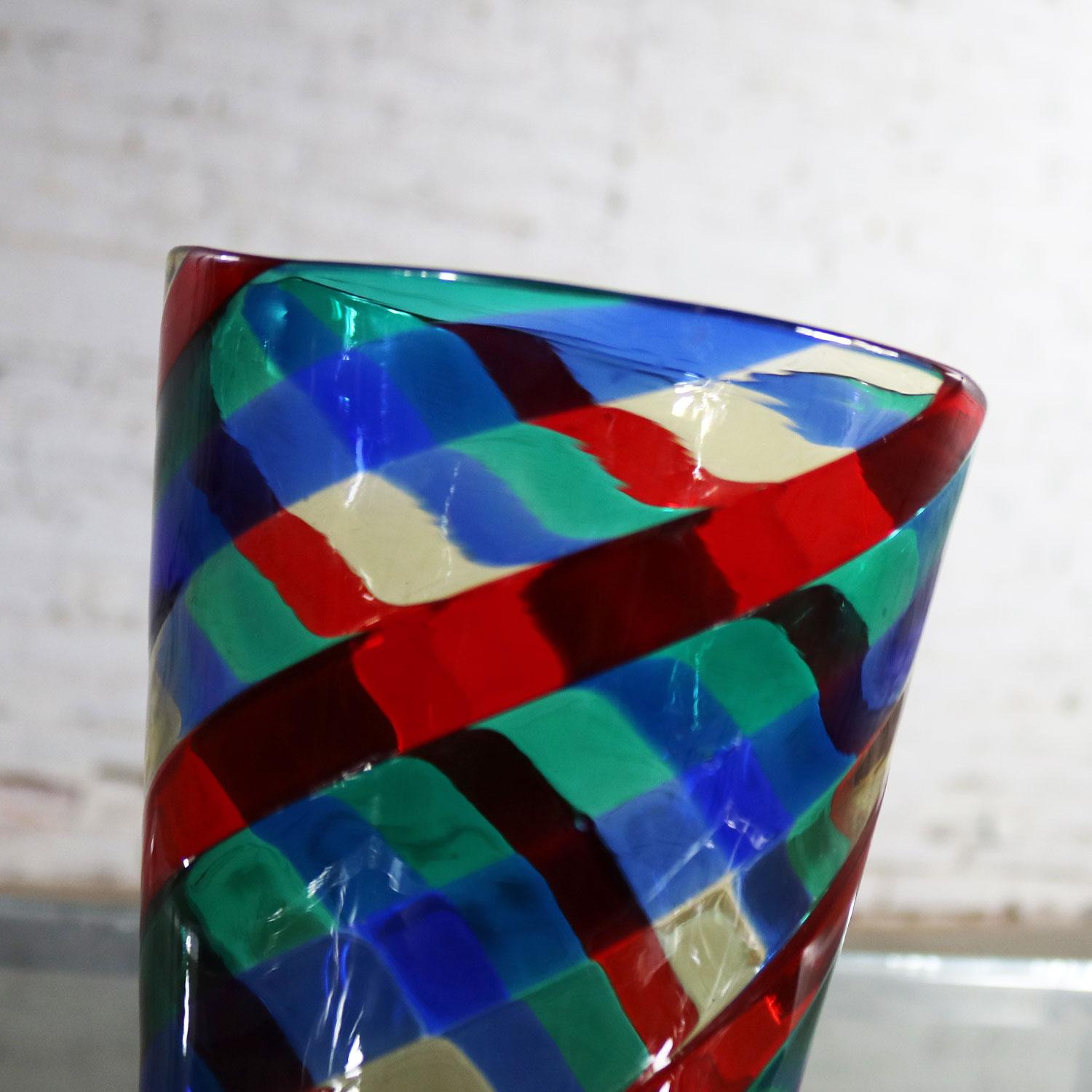 Blown Glass Fasce Ritorte Red Blue Green Murano Glass Vase Fulvio Bianconi Attributed Venini For Sale