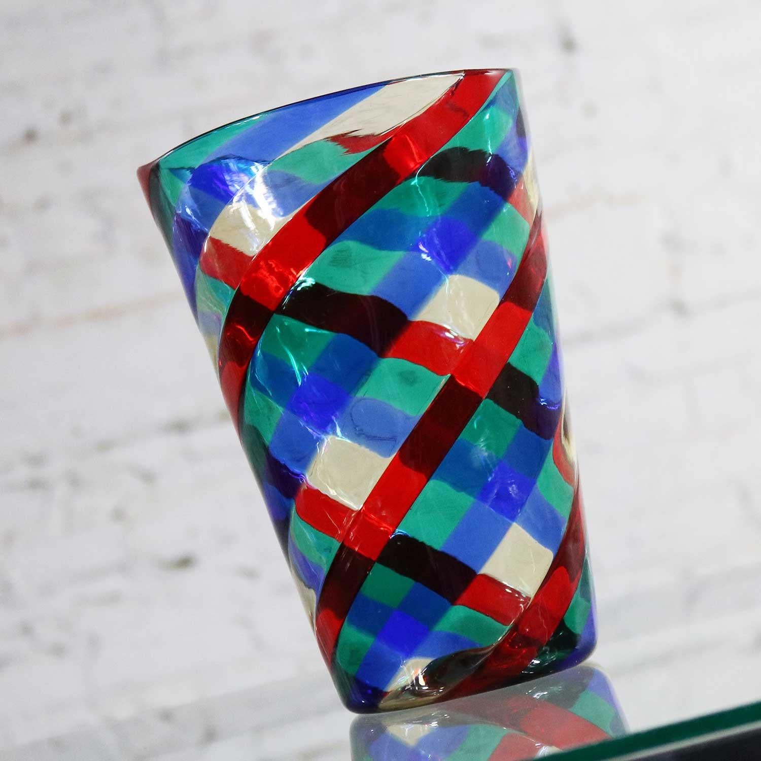 Mid-Century Modern Fasce Ritorte Red Blue Green Murano Glass Vase Fulvio Bianconi Attributed Venini For Sale