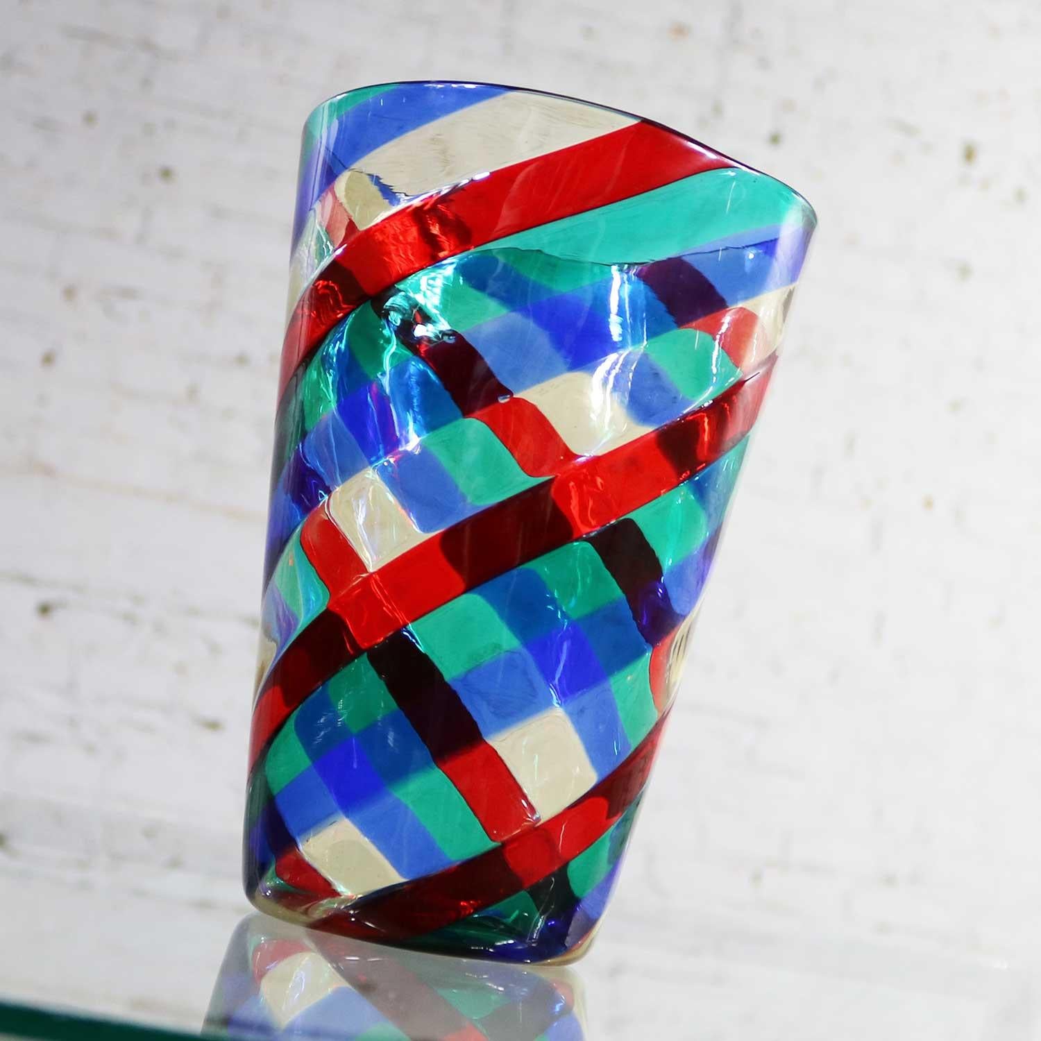 20th Century Fasce Ritorte Red Blue Green Murano Glass Vase Fulvio Bianconi Attributed Venini For Sale