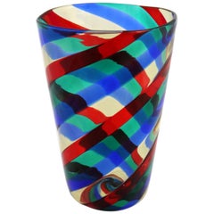 Vase Fasce Ritorte en verre de Murano rouge, bleu et vert, attribué à Fulvio Bianconi par Venini