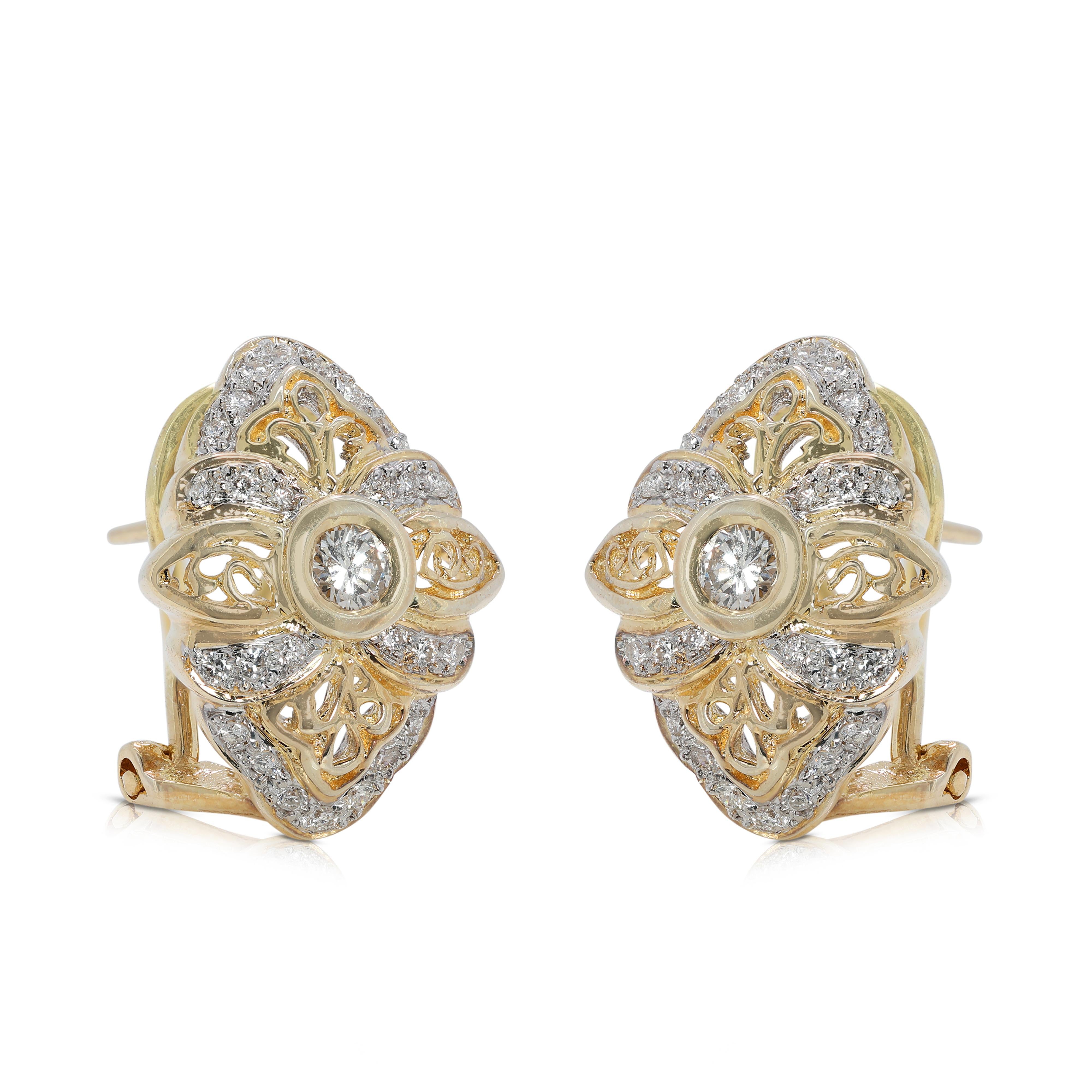 Taille ronde Boucles d'oreilles fascinantes en or jaune 18 carats et diamants naturels de 0,72 carat en vente