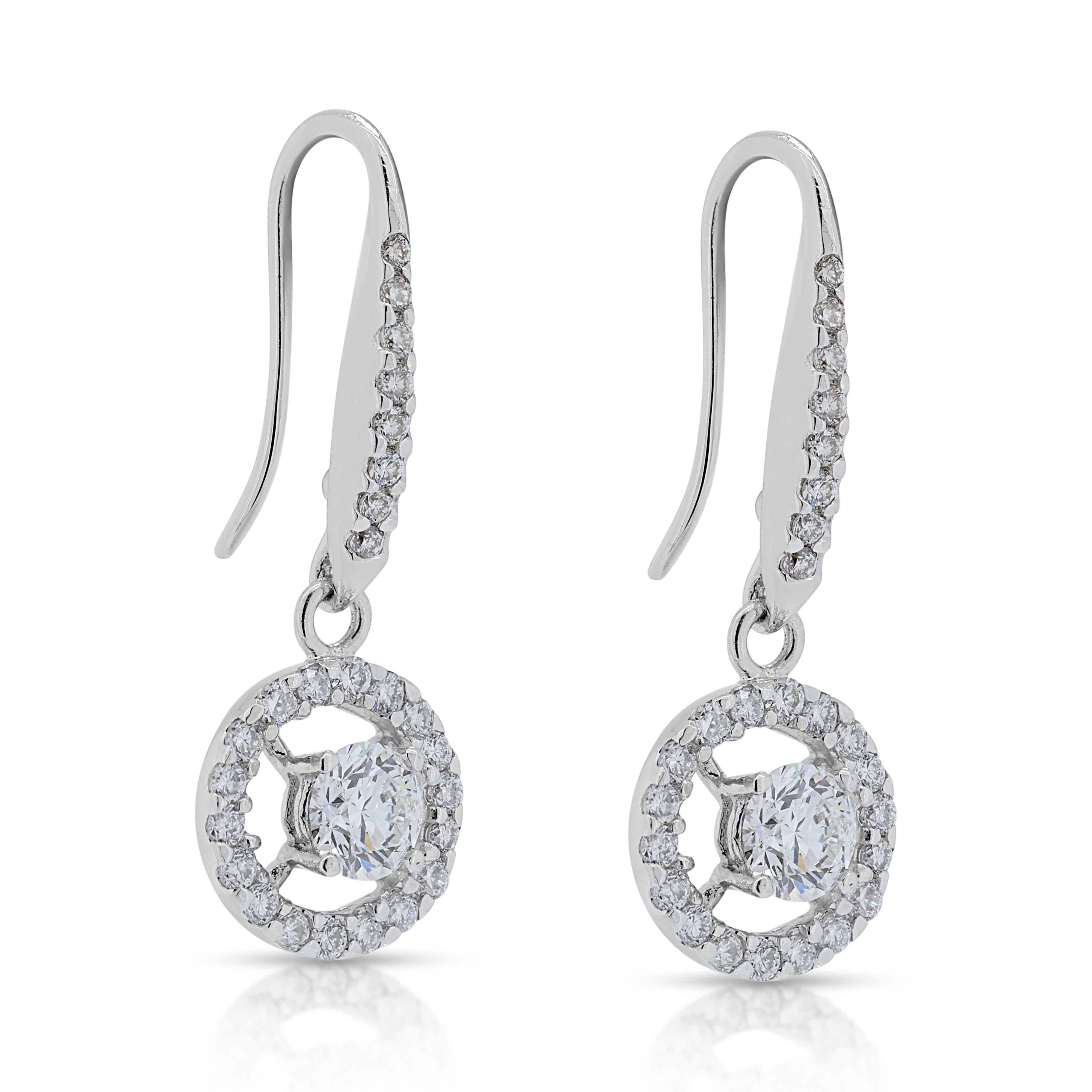Round Cut Fascinating 0.86ct Diamond Dangling Earrings in 18K White Gold  For Sale