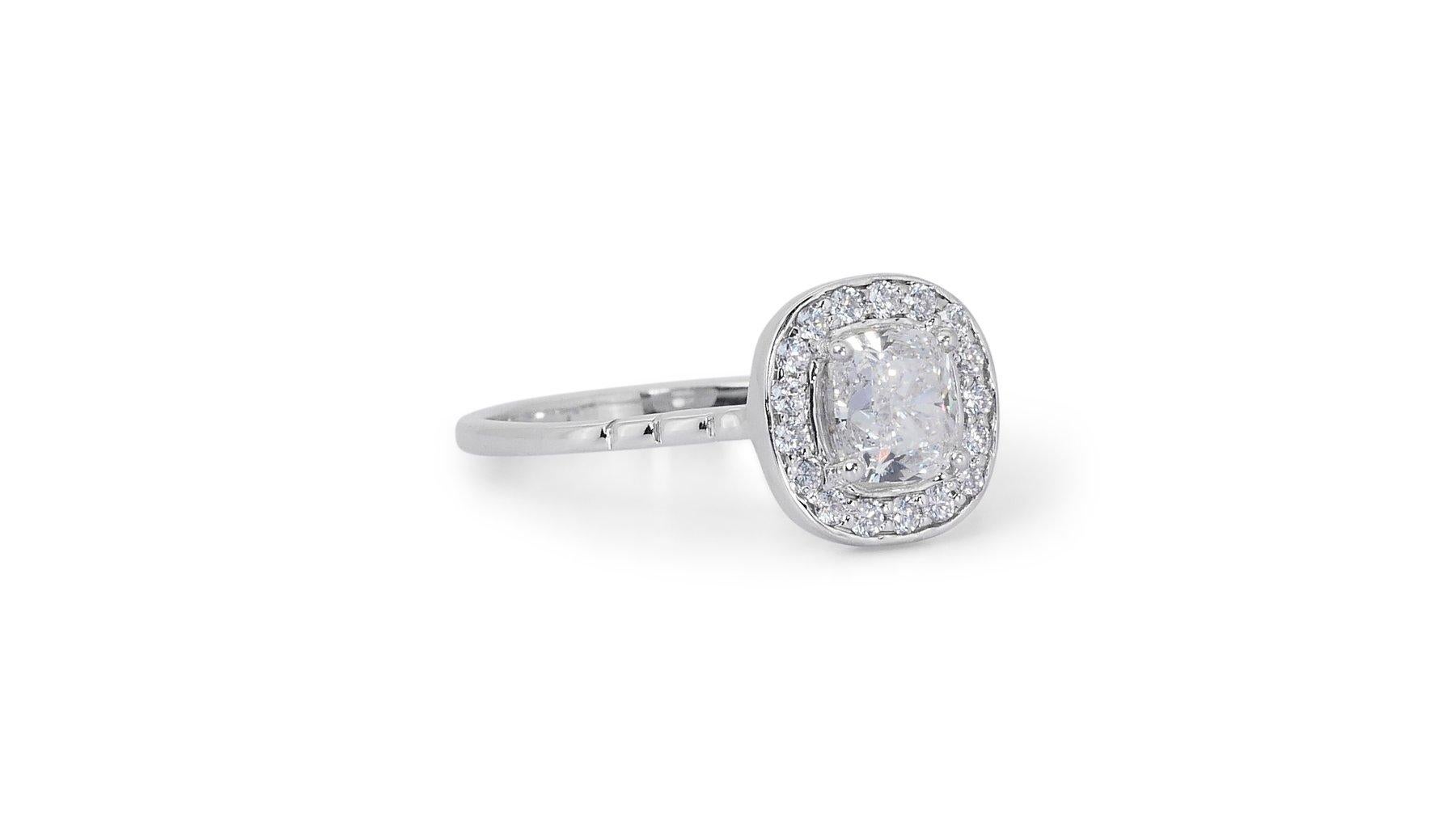 Fascinating 0.88ct Double Excellent Ideal Cut Diamonds Halo Ring in 18k White Gold - GIA Certified

Elevate your style with this stunning diamond halo ring, featuring a breathtaking 0.71-carat cushion-shaped diamond as its centerpiece. With a double
