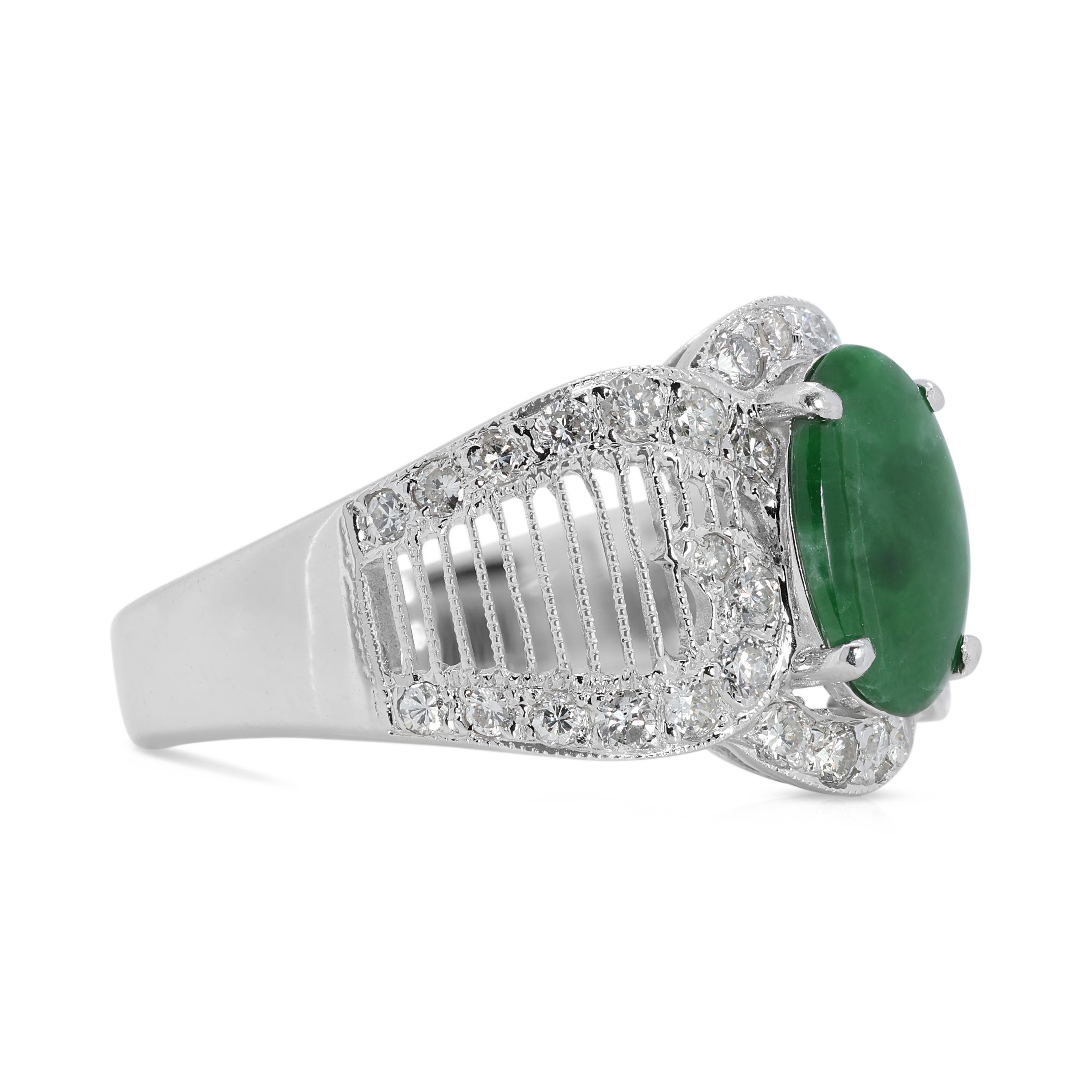 Oval Cut Fascinating 1 carat & 65 points Jade and Natural Diamond Ring in 18K White Gold For Sale