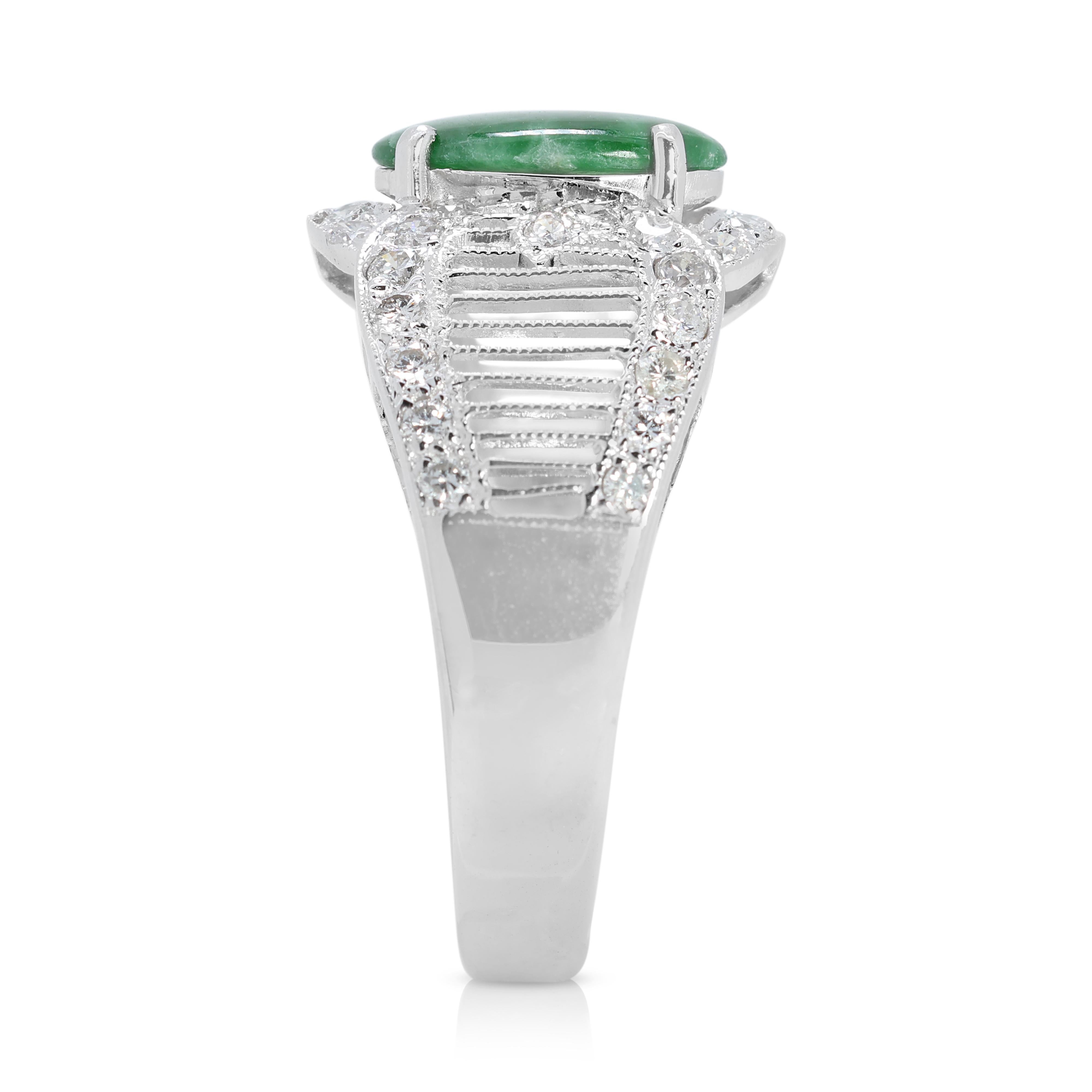 Women's Fascinating 1 carat & 65 points Jade and Natural Diamond Ring in 18K White Gold For Sale