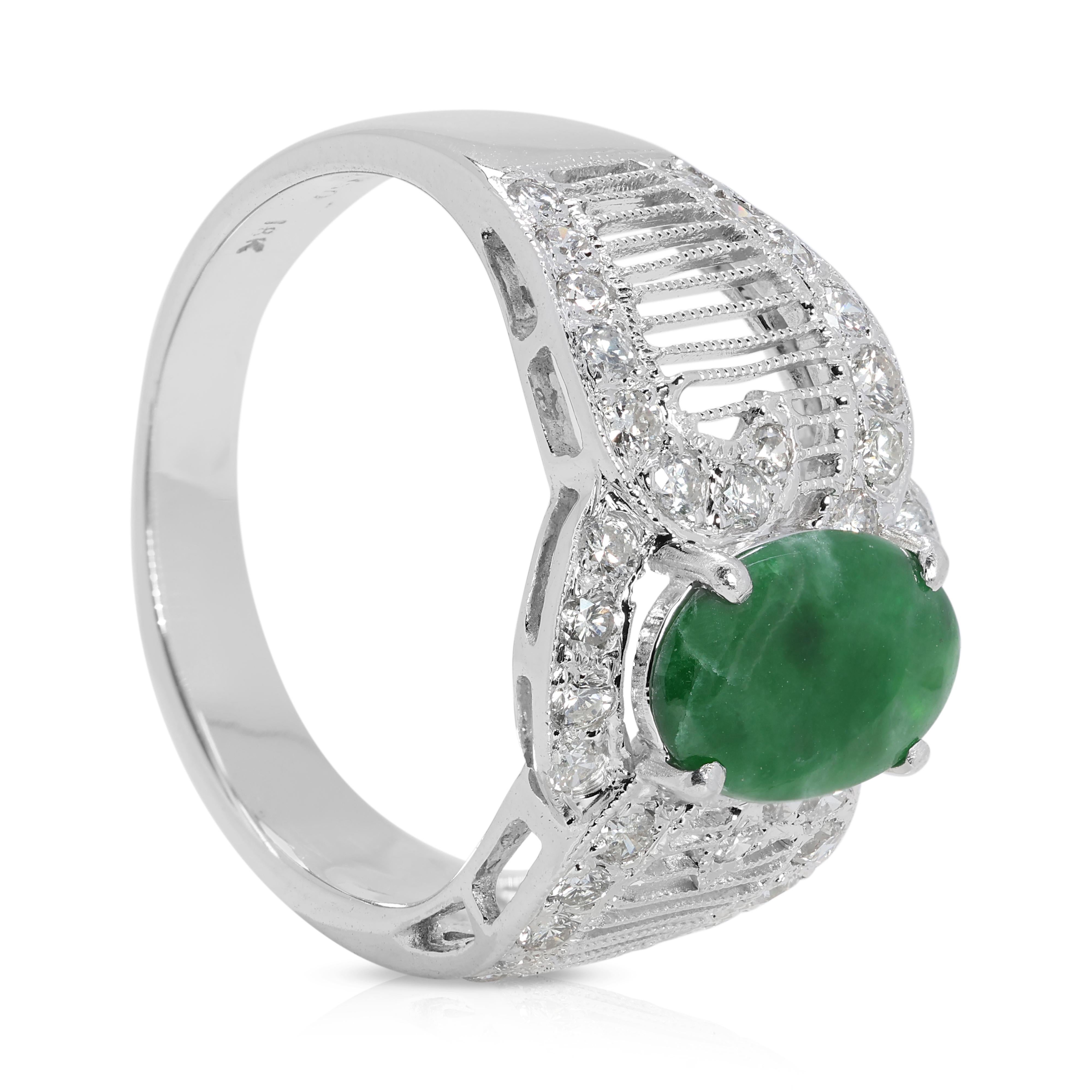 Fascinating 1 carat & 65 points Jade and Natural Diamond Ring in 18K White Gold For Sale 1