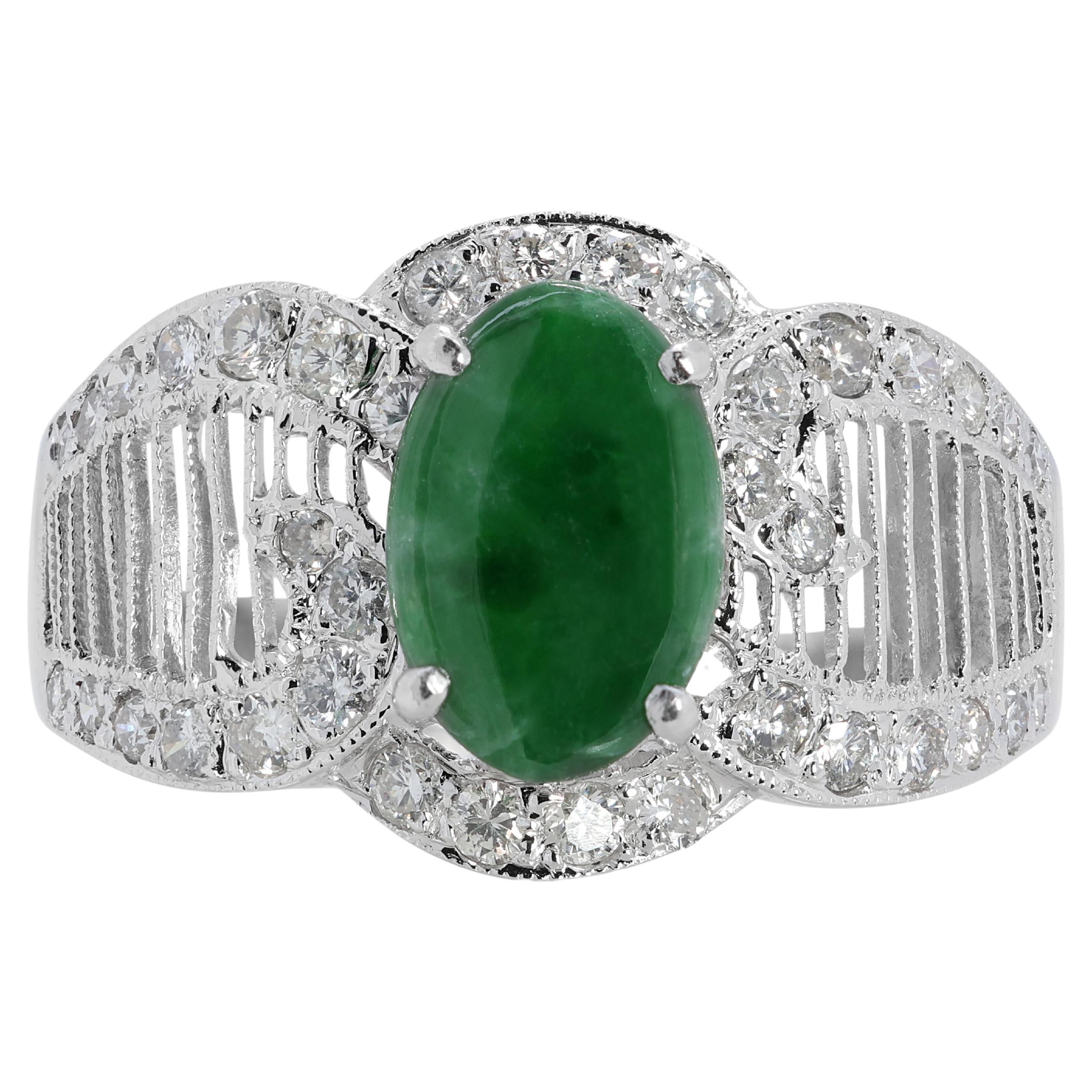 Fascinating 1 carat & 65 points Jade and Natural Diamond Ring in 18K White Gold