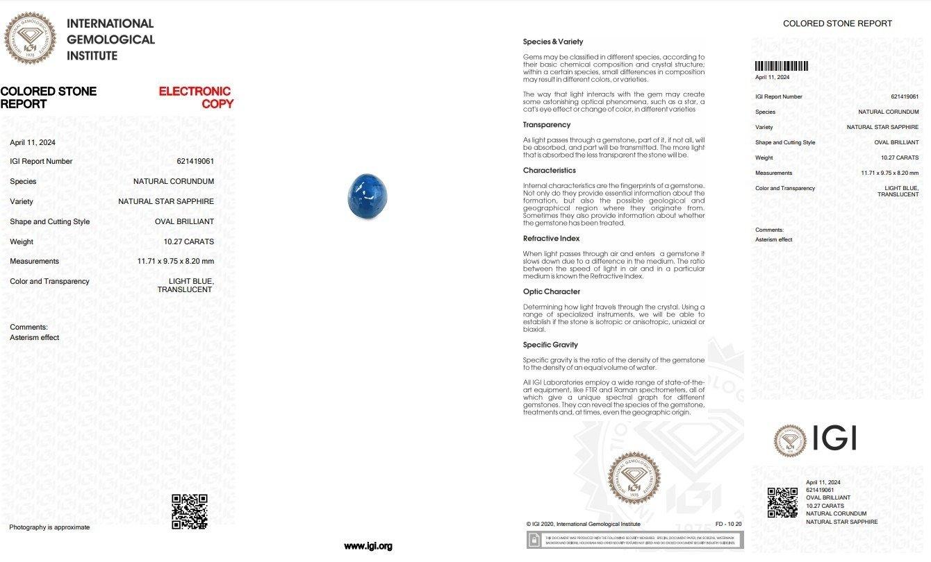 Fascinating 10.27ct Sapphire Gemstone - IGI Certified-Star Sapphire 

Presenting a breathtaking marvel of nature, this 10.27 sapphire embodies serene beauty with its enchanting light blue hue. For utmost protection and peace of mind, this precious