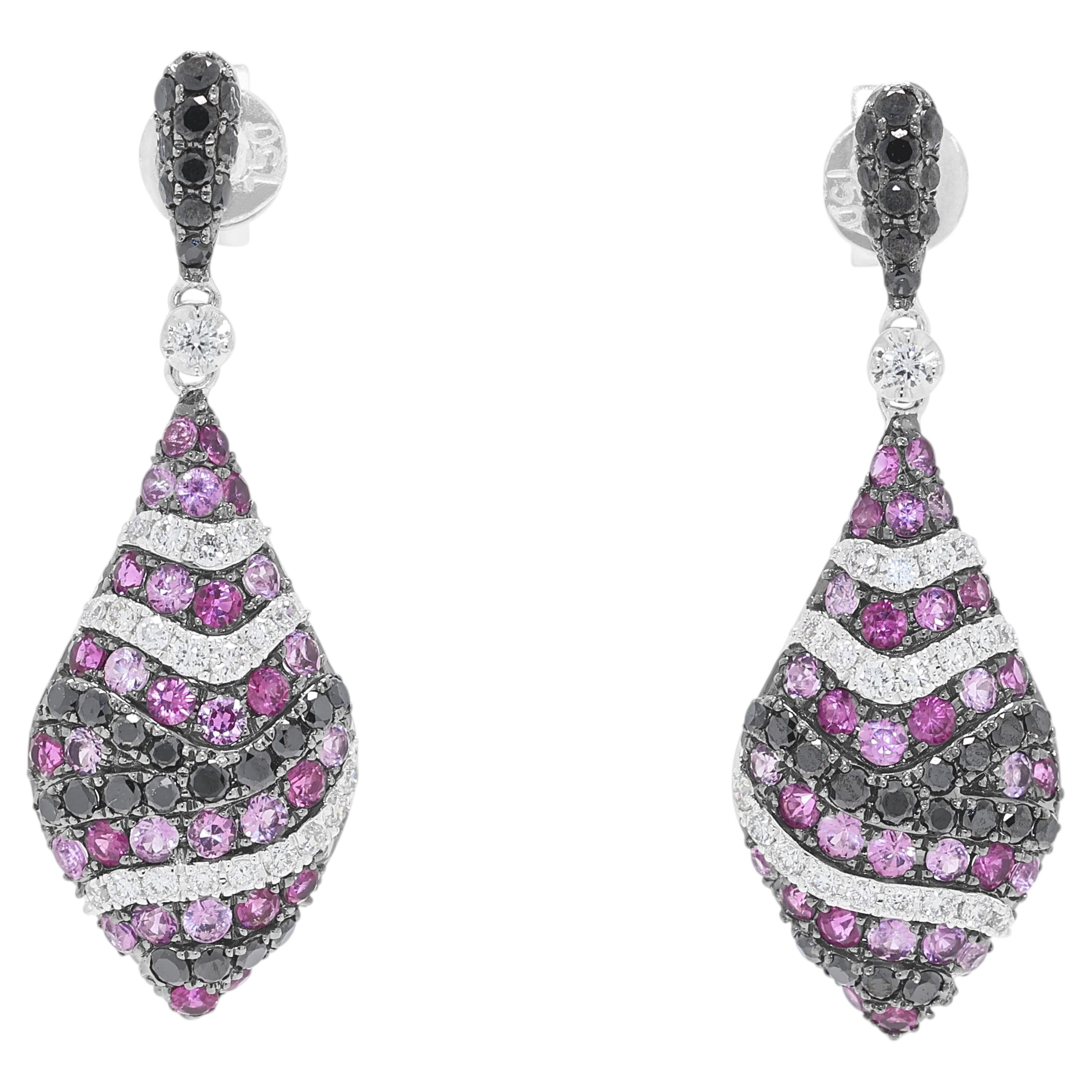 Fascinating 1.48ct Pink Ruby and Black Diamond Drop Earrings in 18K White Gold