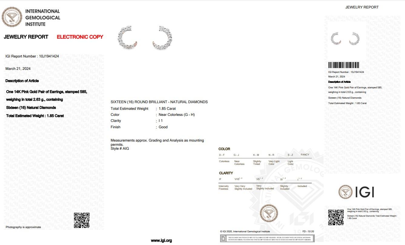 Faszinierende 14k Roségold Natürliche Diamant-Creolen-Ohrringe mit/1.85 ct -IGI-zertifiziert im Angebot 1