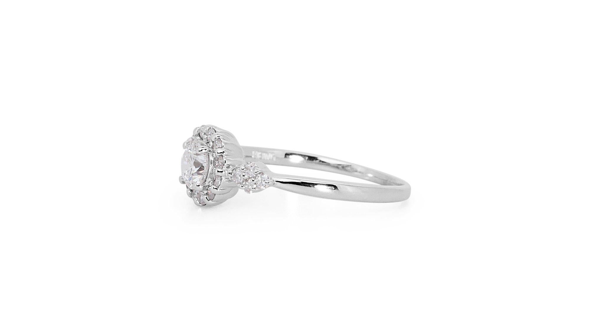 Round Cut Fascinating 18k White Gold Natural Diamond Halo Ring w/0.72 ct - GIA Certified For Sale
