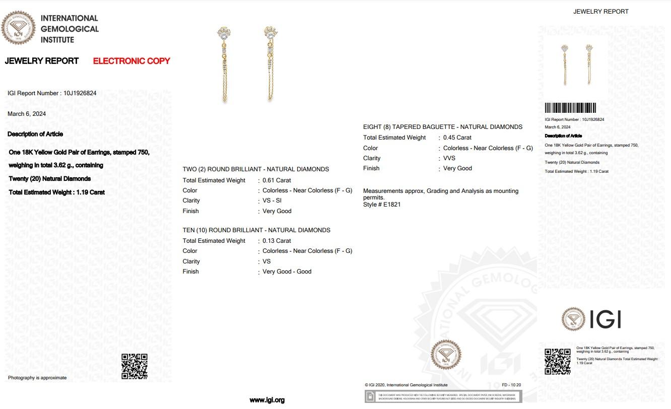 Women's Fascinating 18K Yellow Gold Diamond Drop Earrings with 1.19ct - IGI Certified For Sale