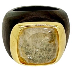 Fascinating 18k Yellow Gold, Wood and Rutilated Quartz Ring