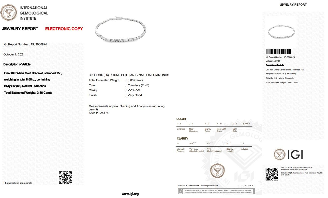 Fascinating 3.86ct Diamonds Tennis Bracelet in 18k White Gold - IGI Certified 1